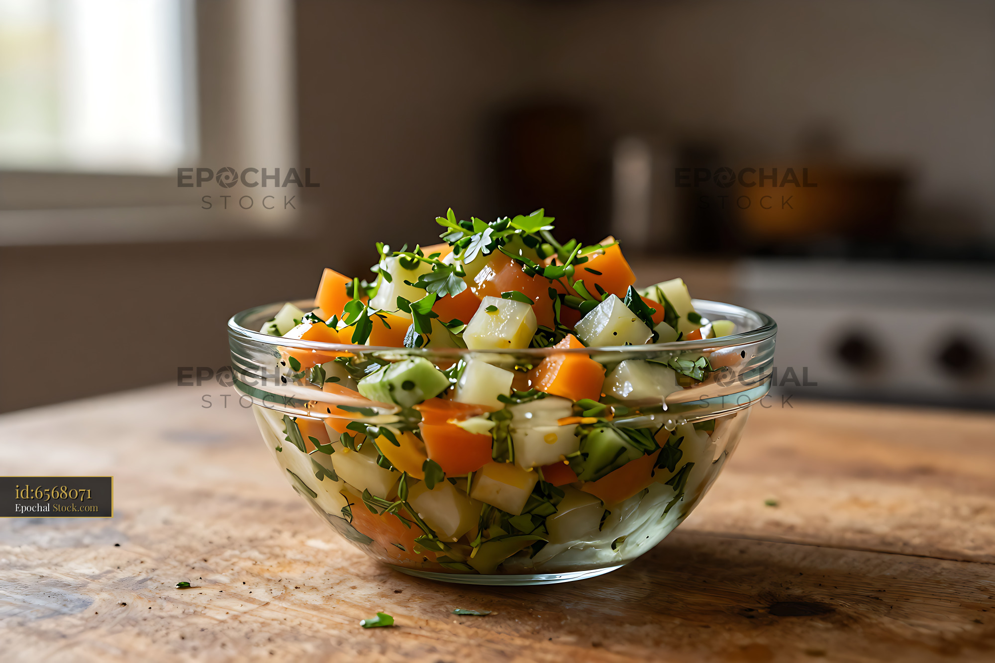 Fresh brazilian vinagrete cold salad in a glass bowl on wooden table - stock photo