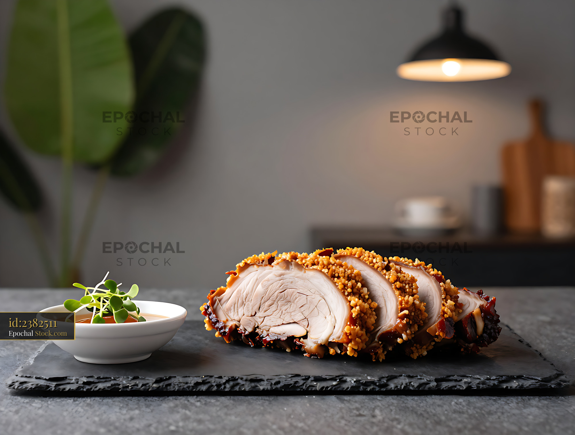 Sliced Visayan Lechon Cebu served on a slate board with dipping sauce - stock photo