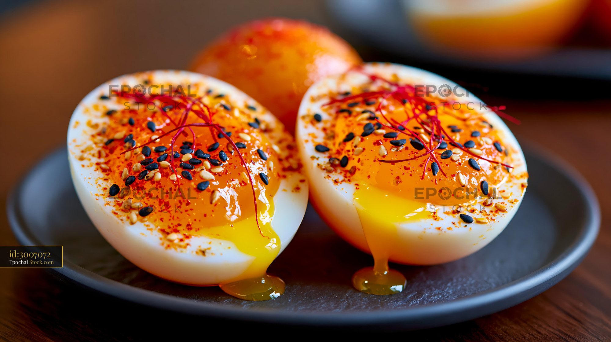 Halved ajitsuke tamago eggs with runny yolk and sesame seeds - stock photo