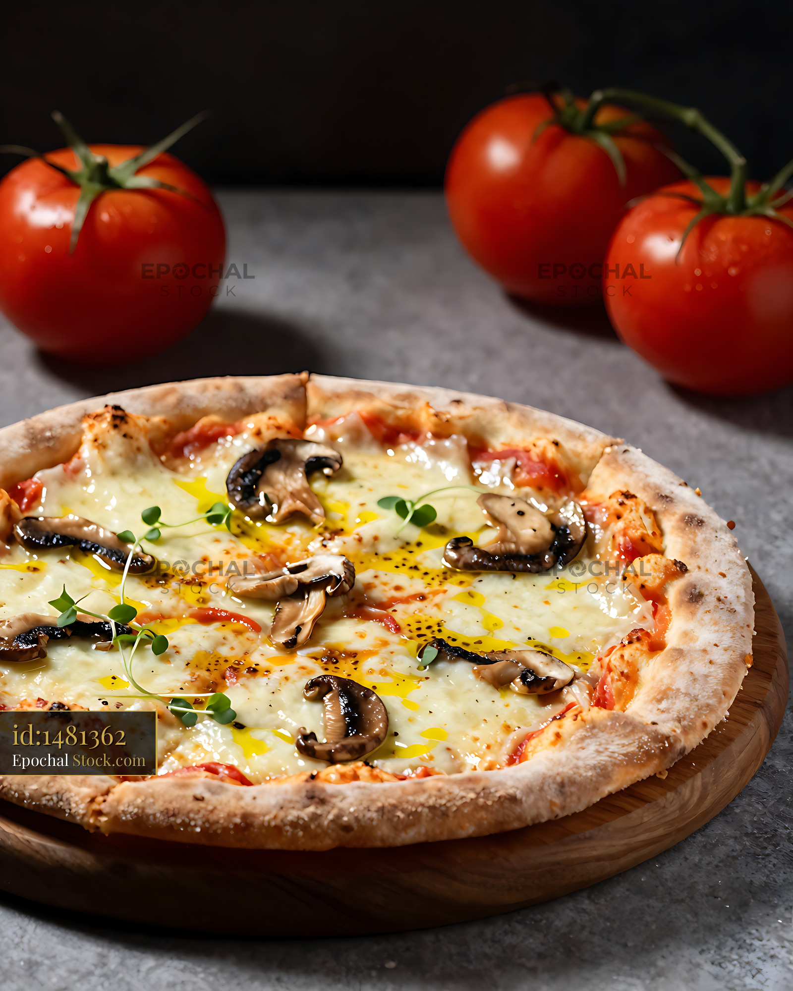 Artisanal Trentino pizza with mushrooms and fresh tomatoes on stone - stock photo