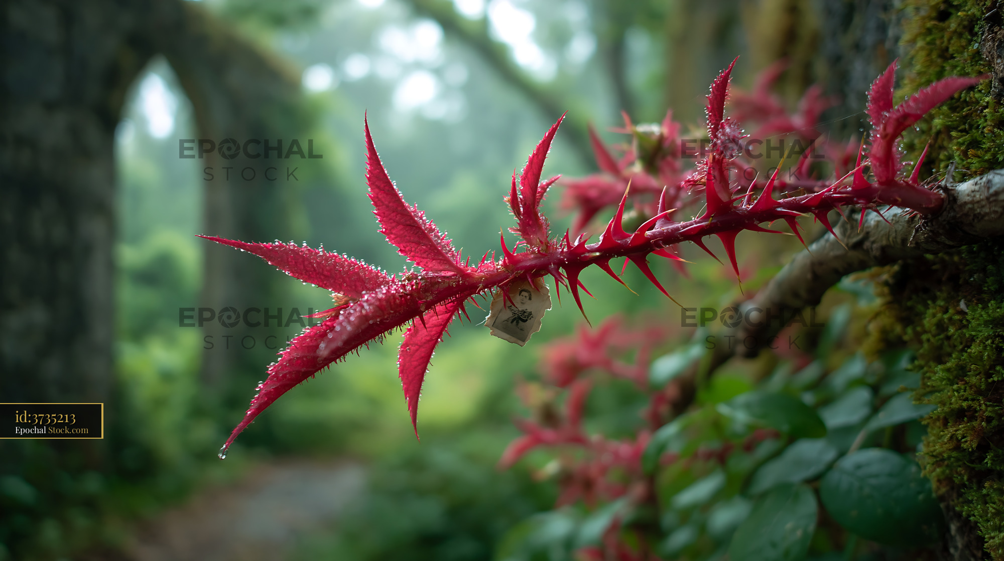 Red rose thorns with a small vintage photo in a misty garden ruin