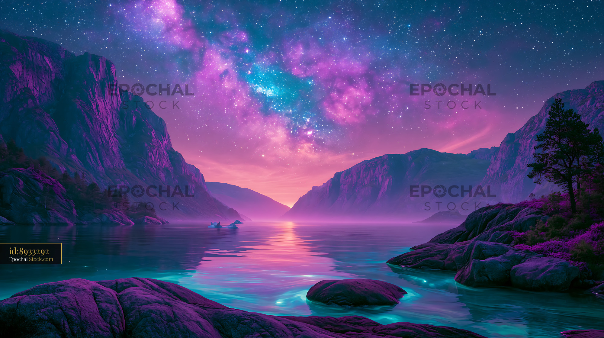 Vibrant purple milky way over a calm fjord with mountain peaks - stock photo