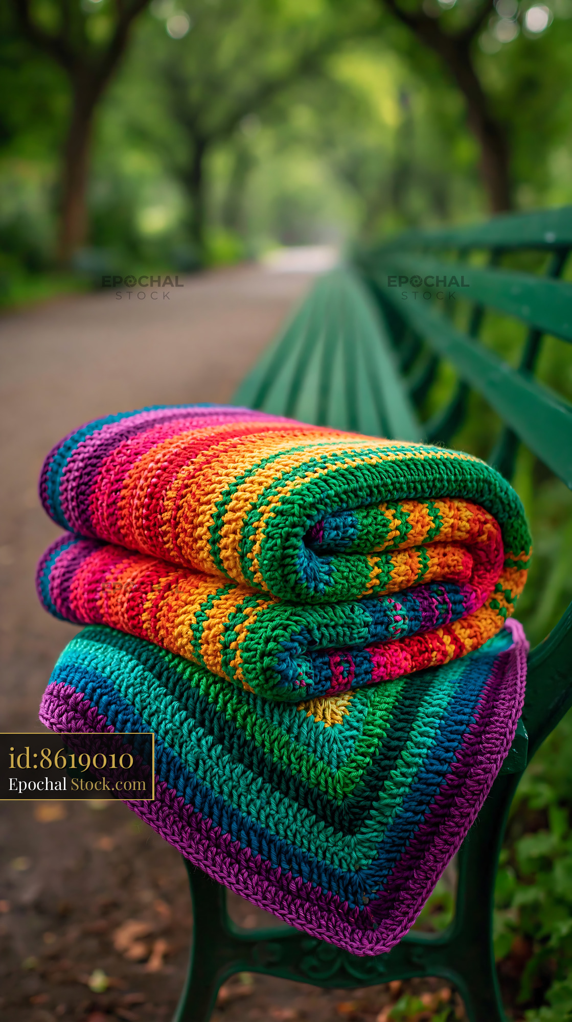 Handmade colorful striped throw on bench in a lush green park