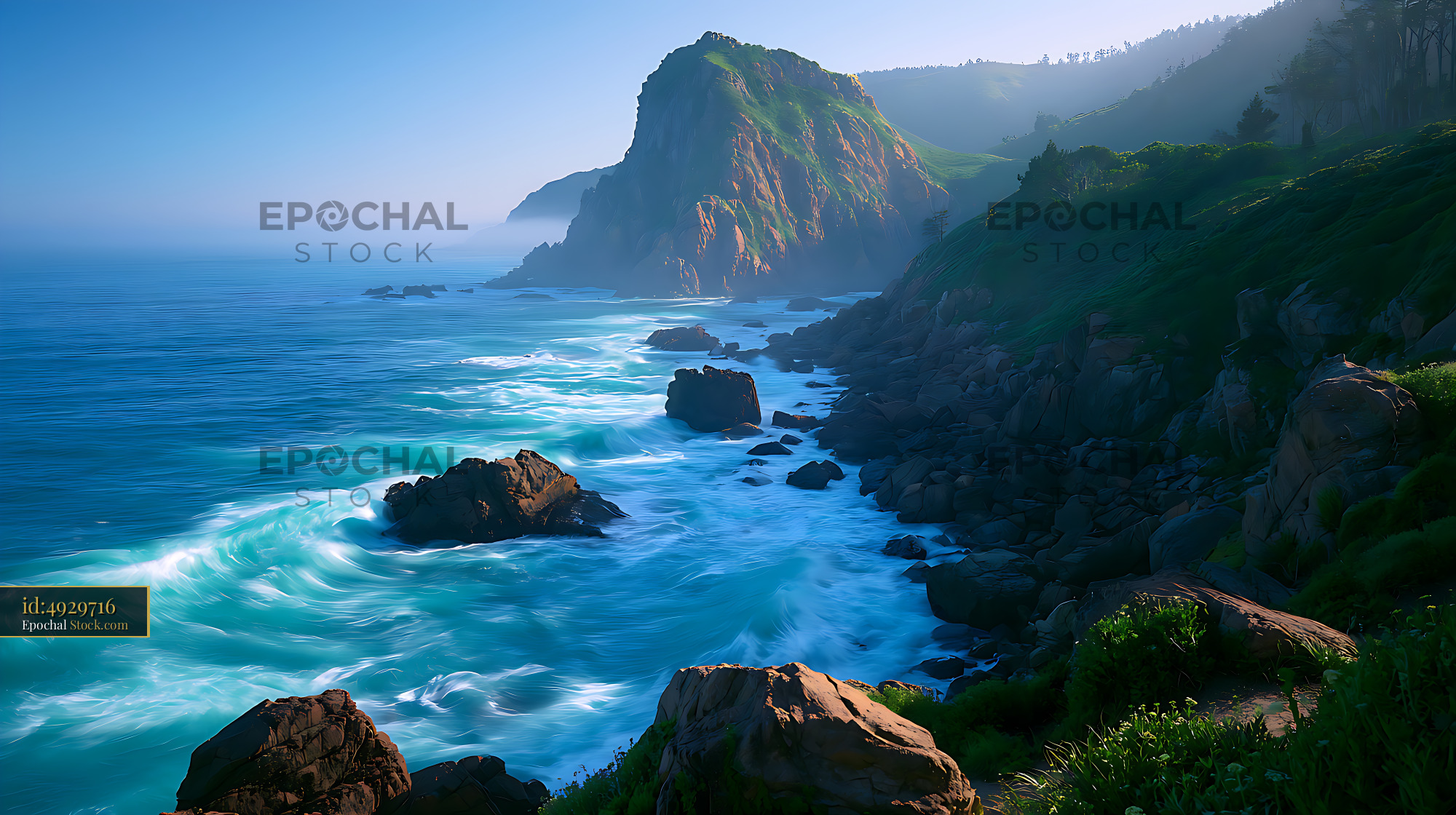 Majestic coastal headland viewpoint with waves crashing against rocky  - stock photo