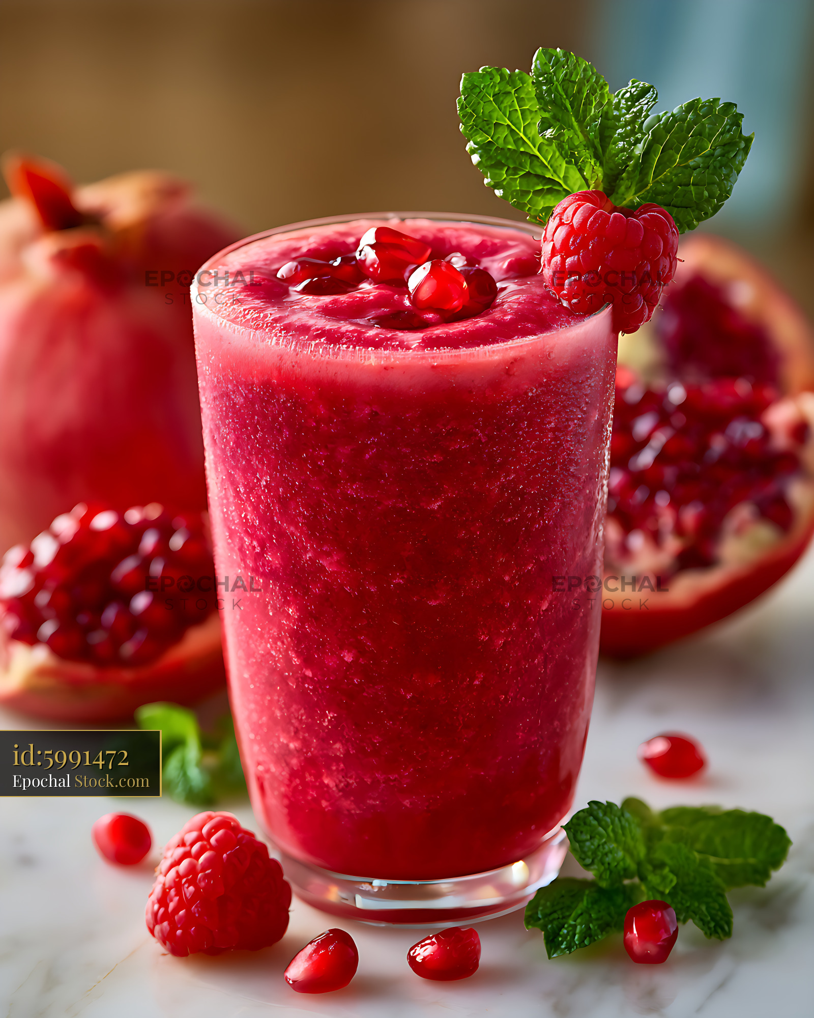 Fresh pomegranate berry smoothie topped with mint and raspberries - stock photo