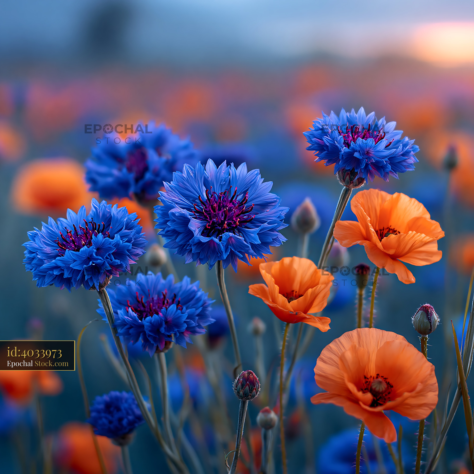 Vibrant blue cornflowers and orange poppies in a wildflower meadow