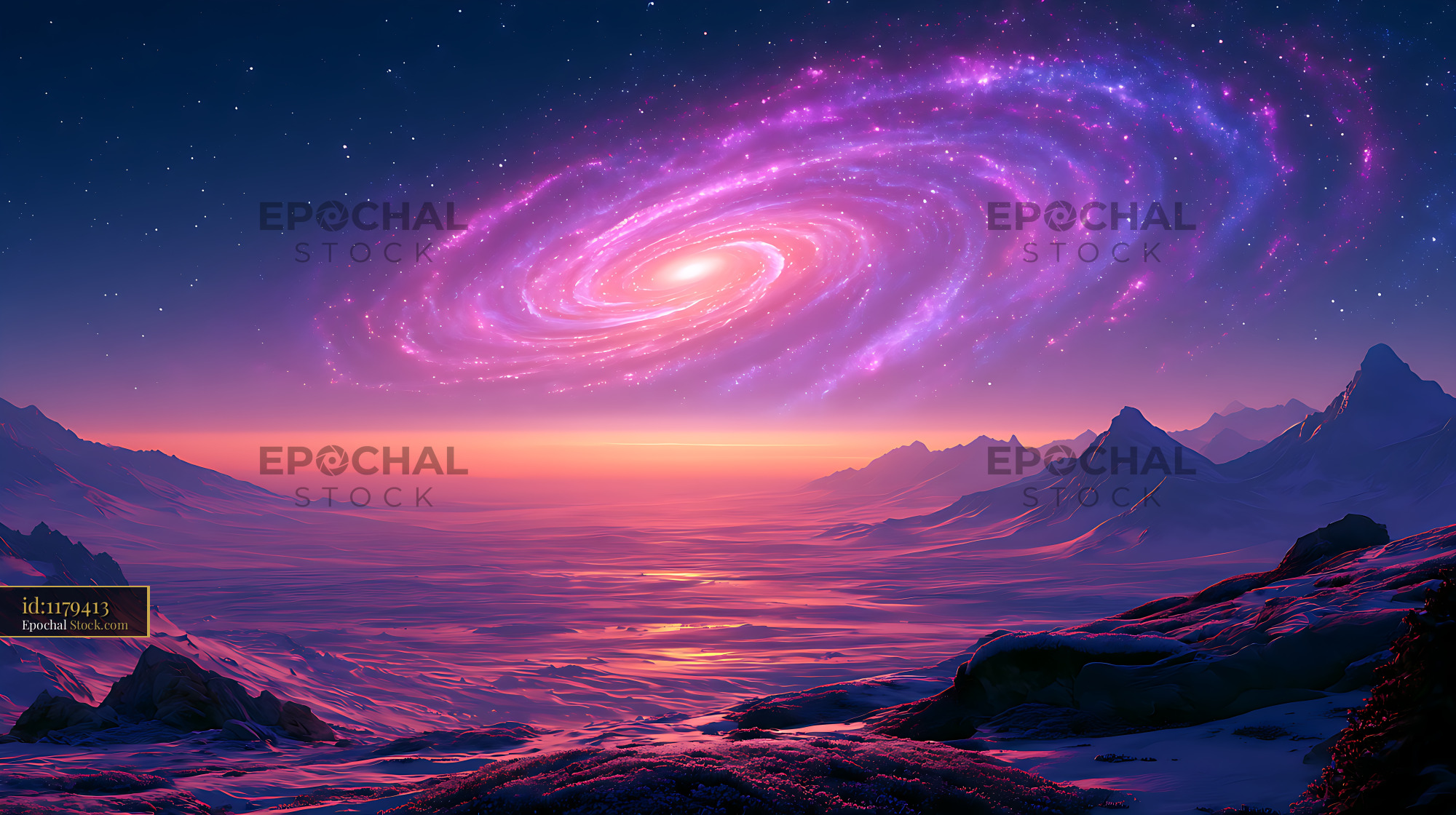 Vibrant spiral galaxy over a wide snowy tundra and mountain range - stock photo