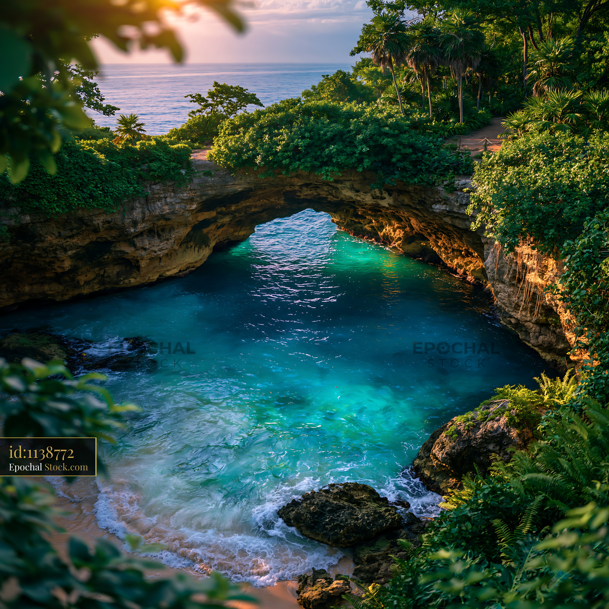 Aerial view of a natural stone arch and turquoise lagoon in Tulum - stock photo