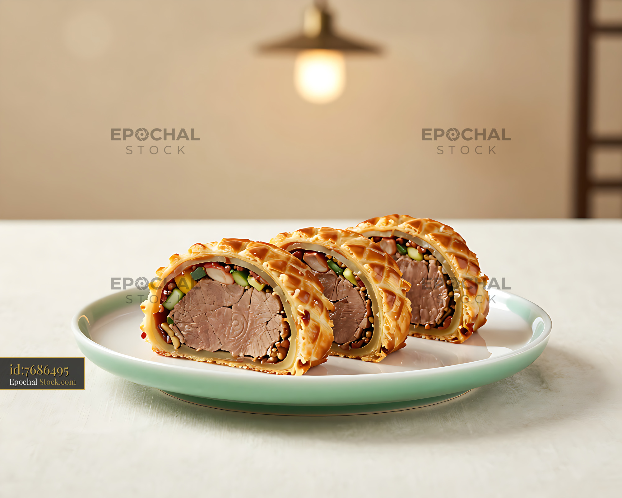 Slices of Eight Treasure Beef Wellington Chinese-style on a plate - stock photo
