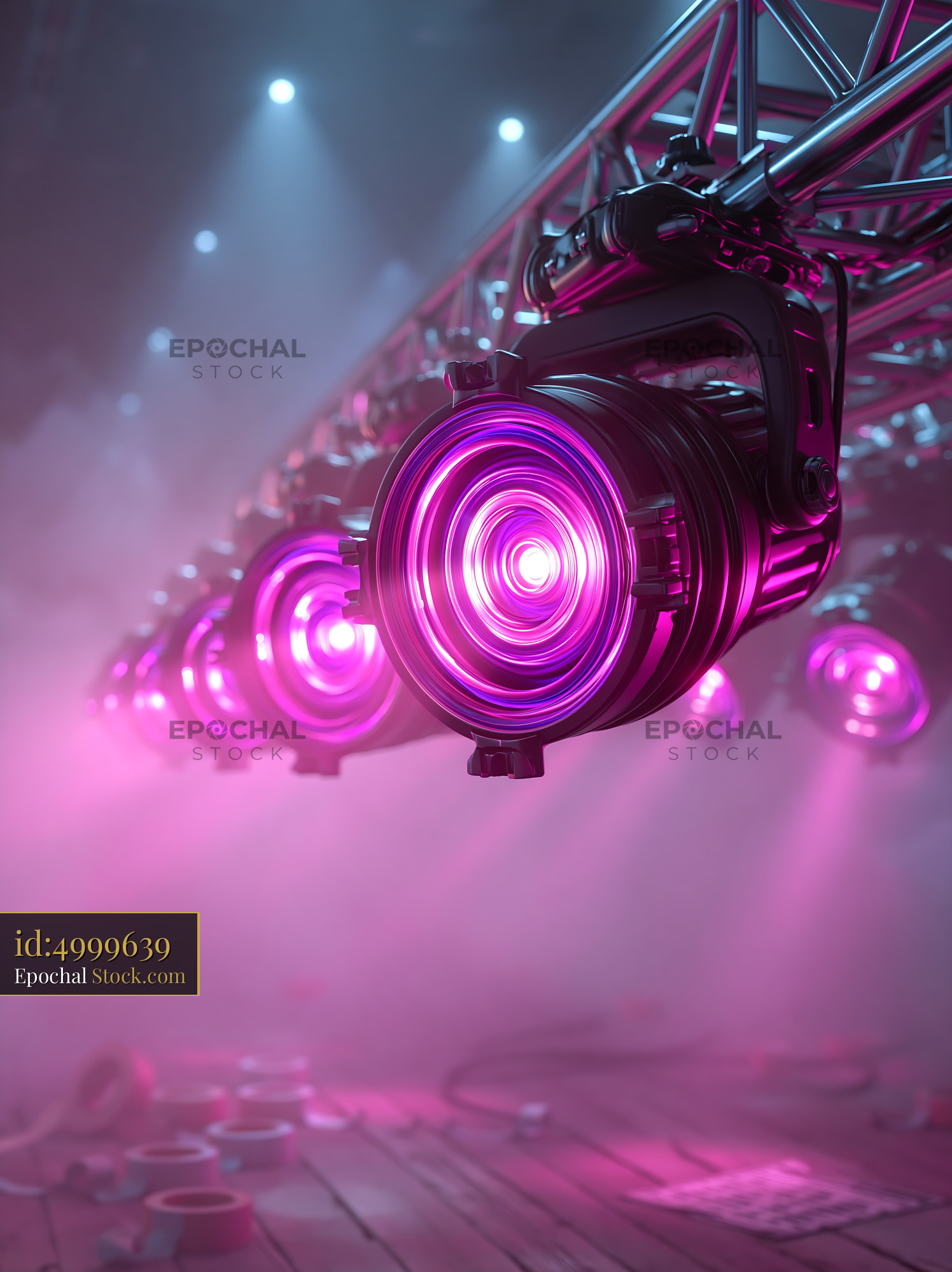 Stage lights flare empty room with purple glow and hazy atmosphere