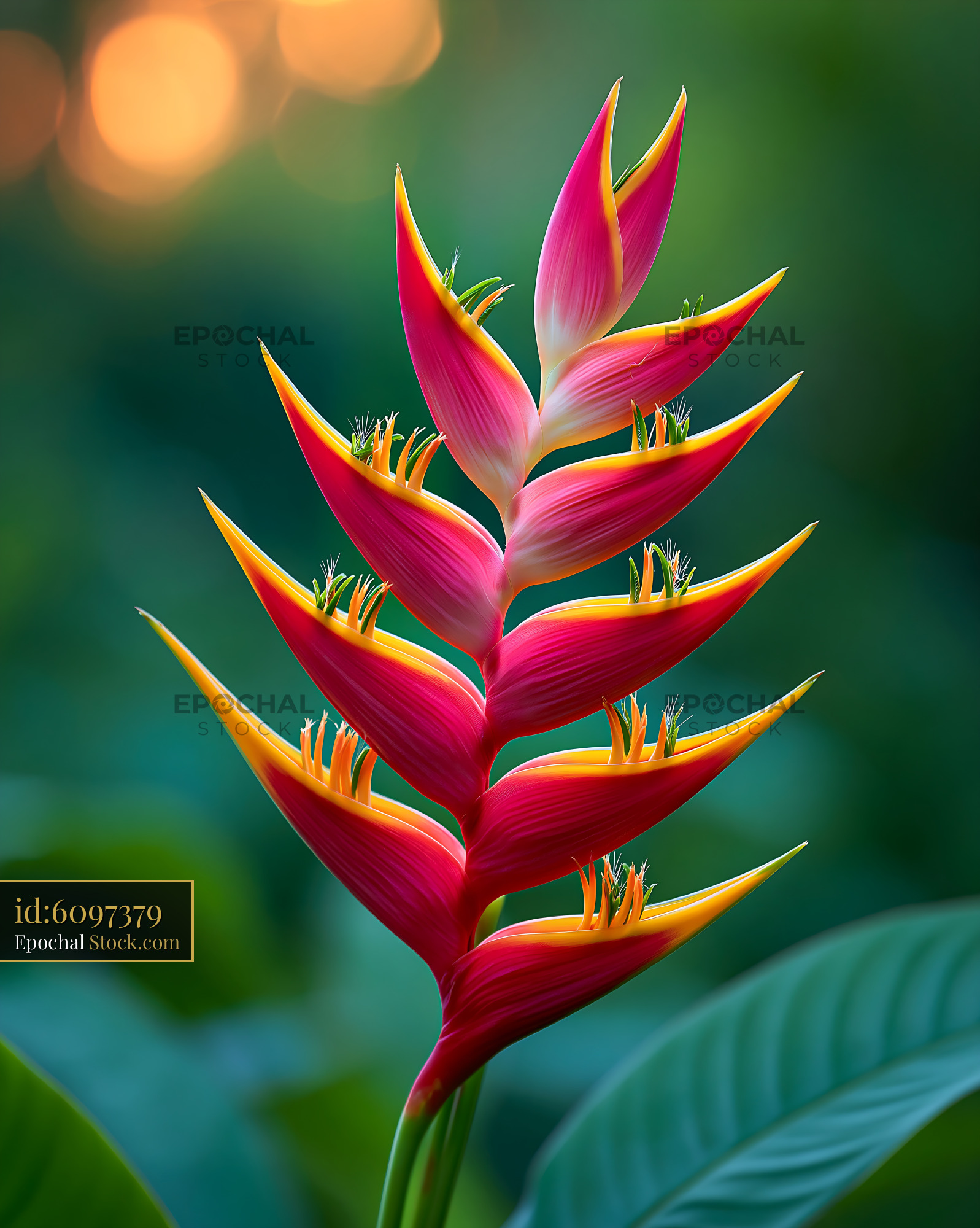 Red anthurium flower blooming in a lush tropical garden - stock photo