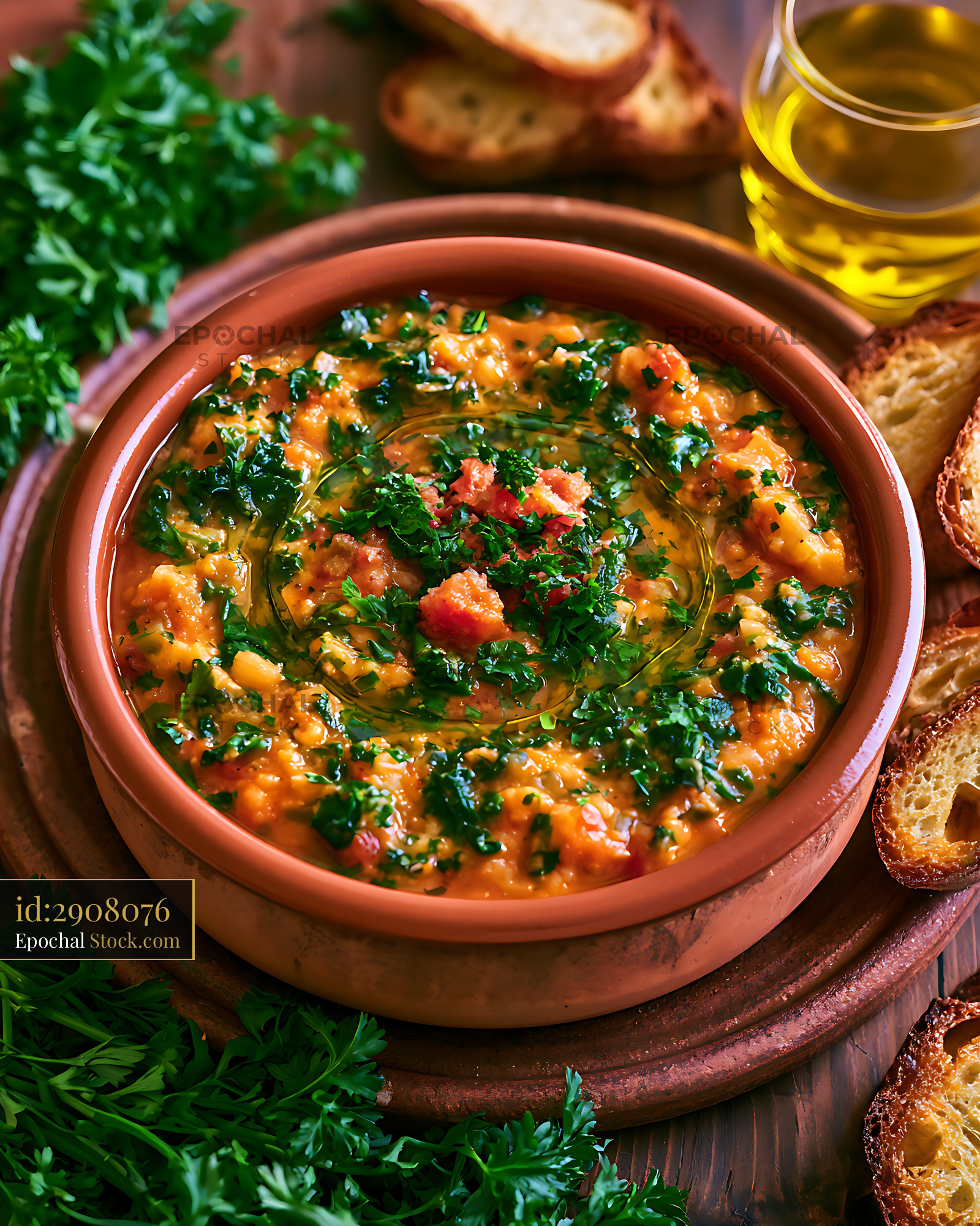 Ribollita tuscan vegetable soup served in a rustic clay bowl - stock photo