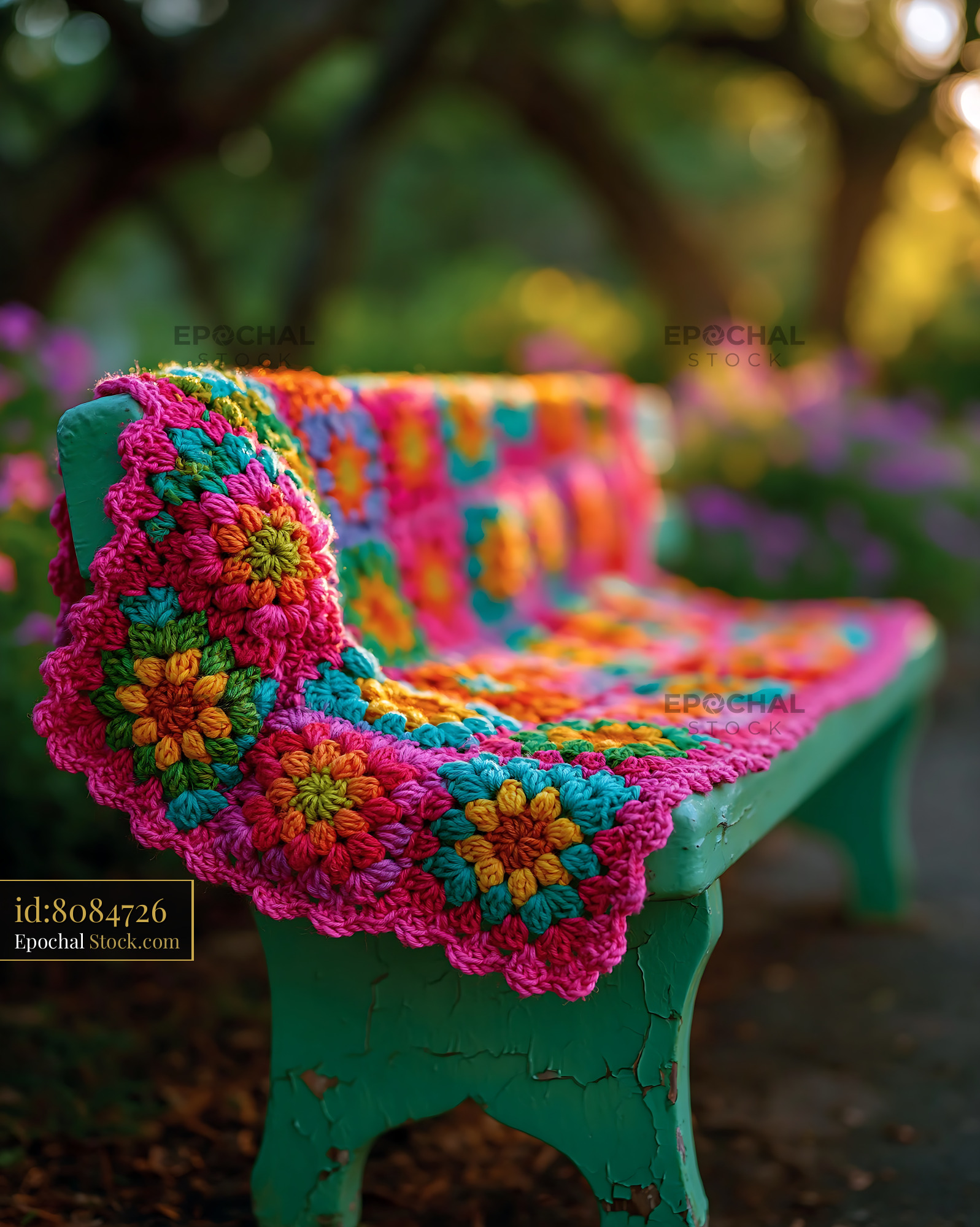 Colorful handmade crochet throw on a green wooden garden bench