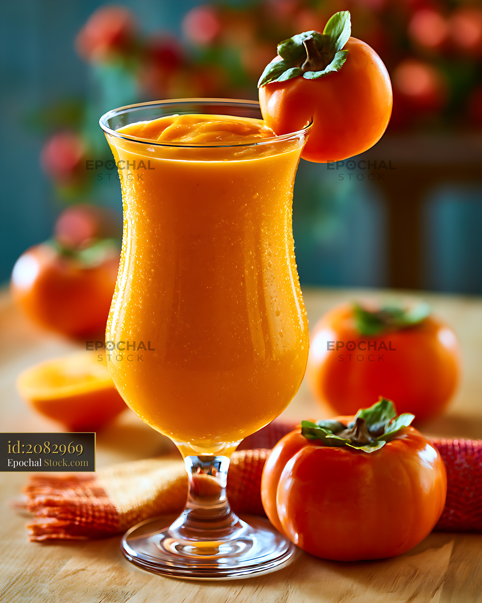 Fresh persimmon vanilla smoothie in a glass with whole fruits - stock photo