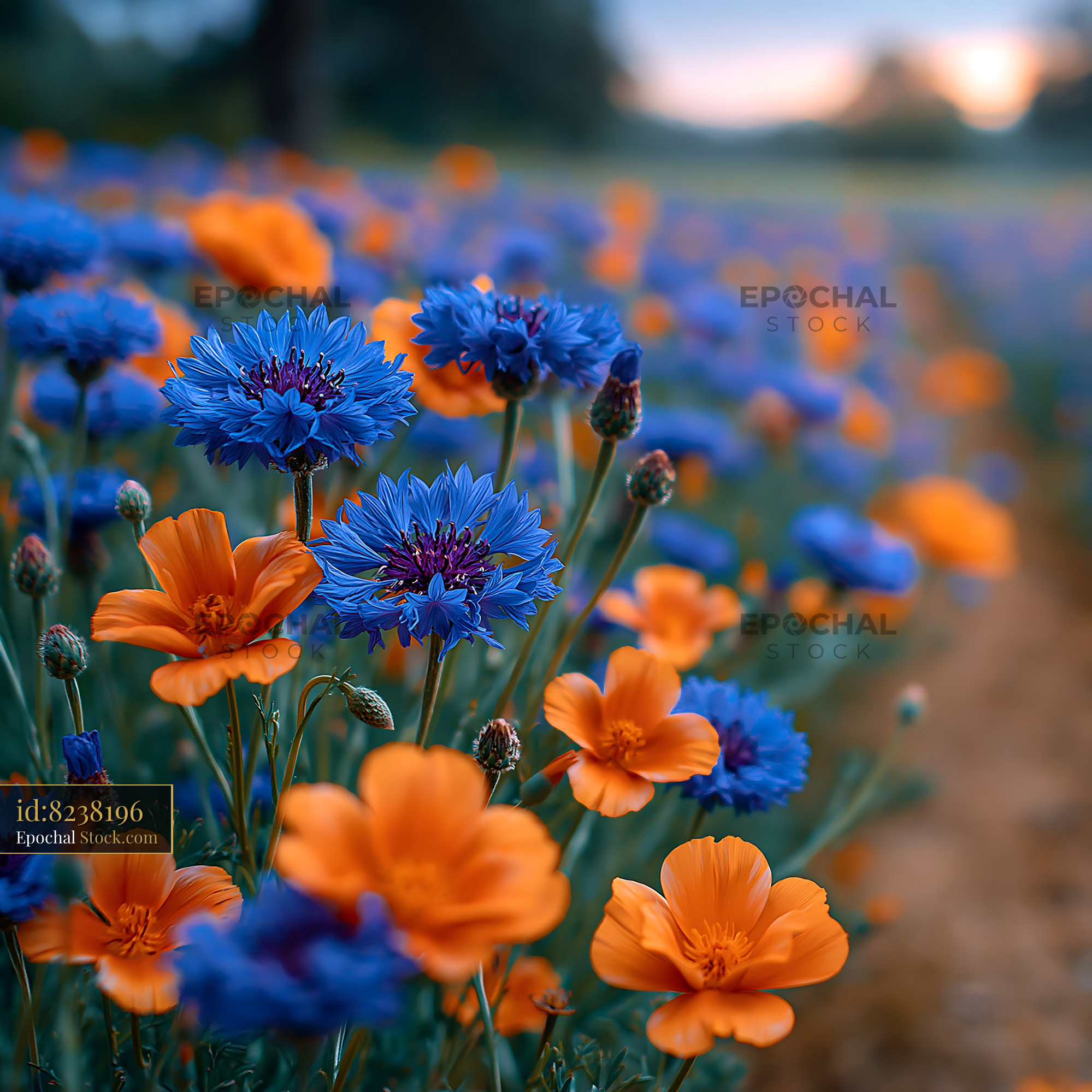 Blue cornflowers and orange wildflowers blooming in a summer meadow