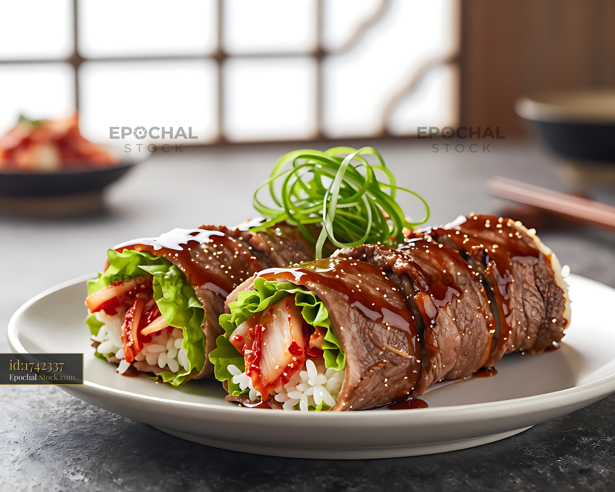Korean bulgogi lettuce-tortilla roll with grilled beef and kimchi - stock photo
