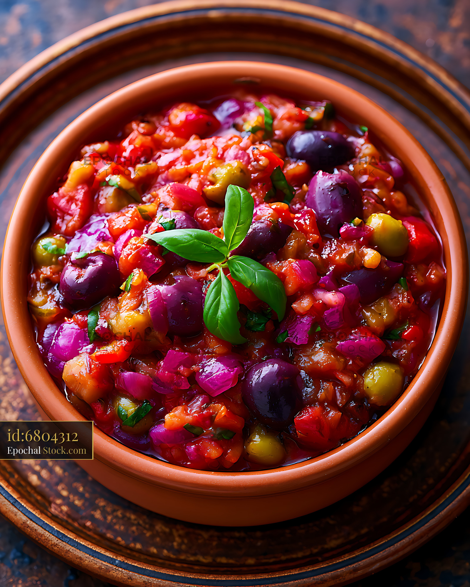 Sicilian eggplant caponata with olives and basil in a terracotta bowl - stock photo