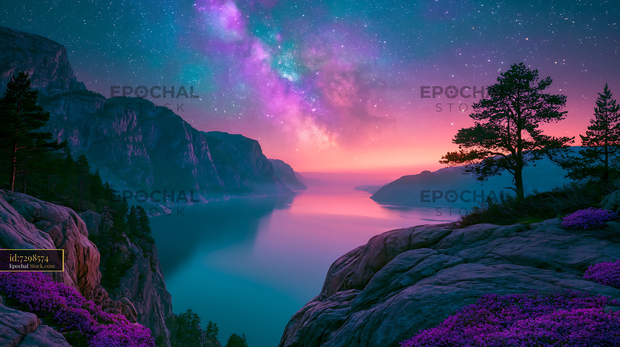 Milky way galaxy over mountain lake with mangrove night reflection - stock photo