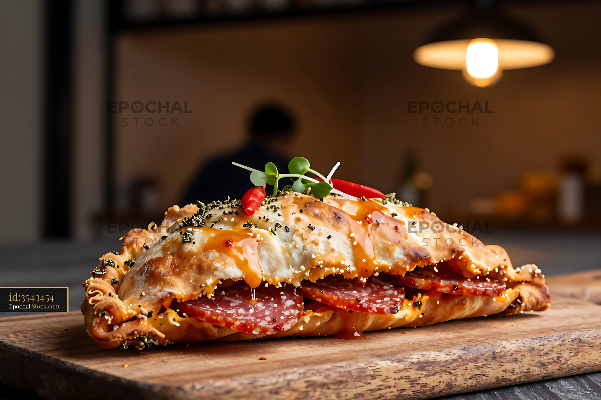 Calzone Diavola with spicy salami crown on a wooden board - stock photo