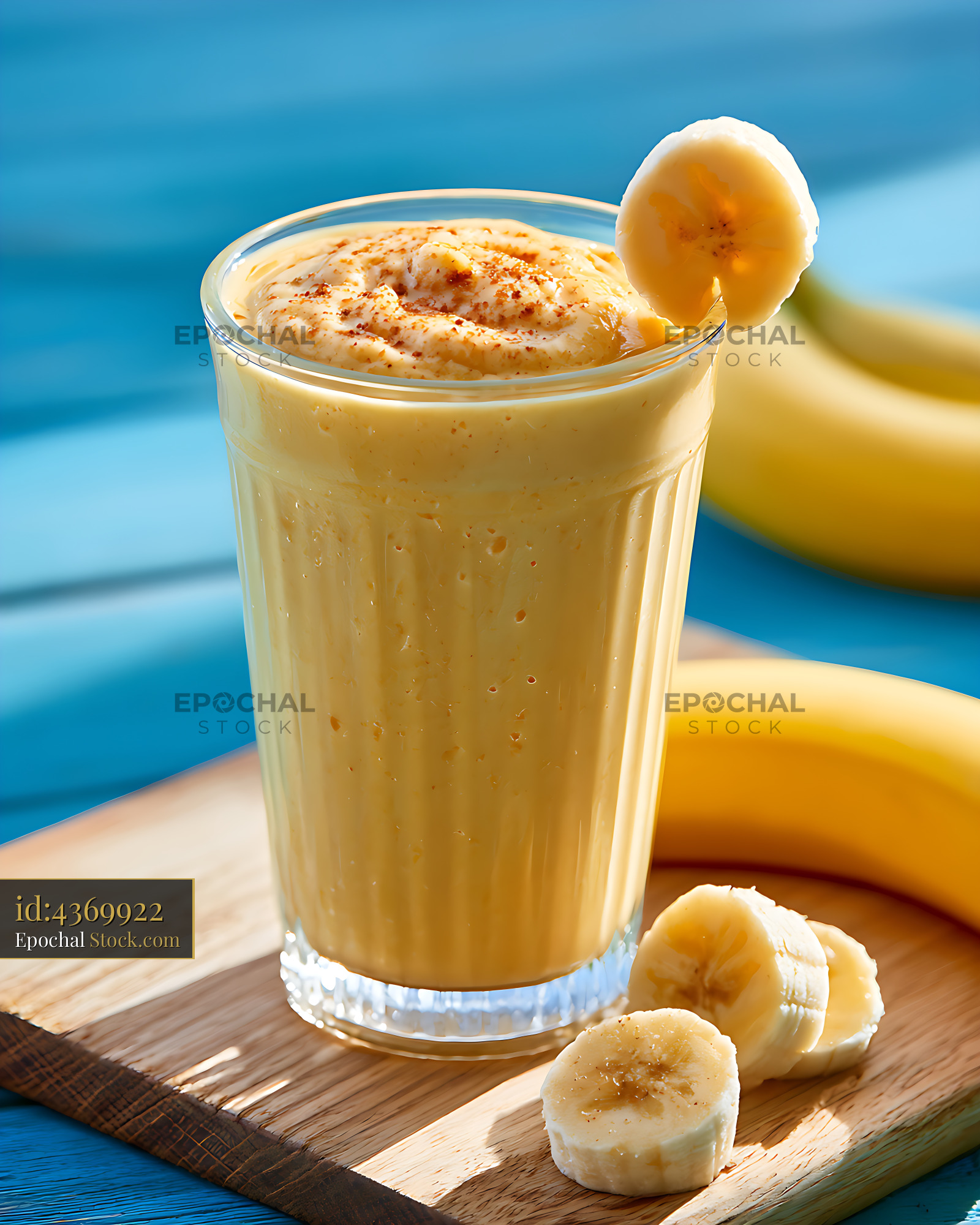 Creamy banana protein smoothie with cinnamon on a wooden board - stock photo