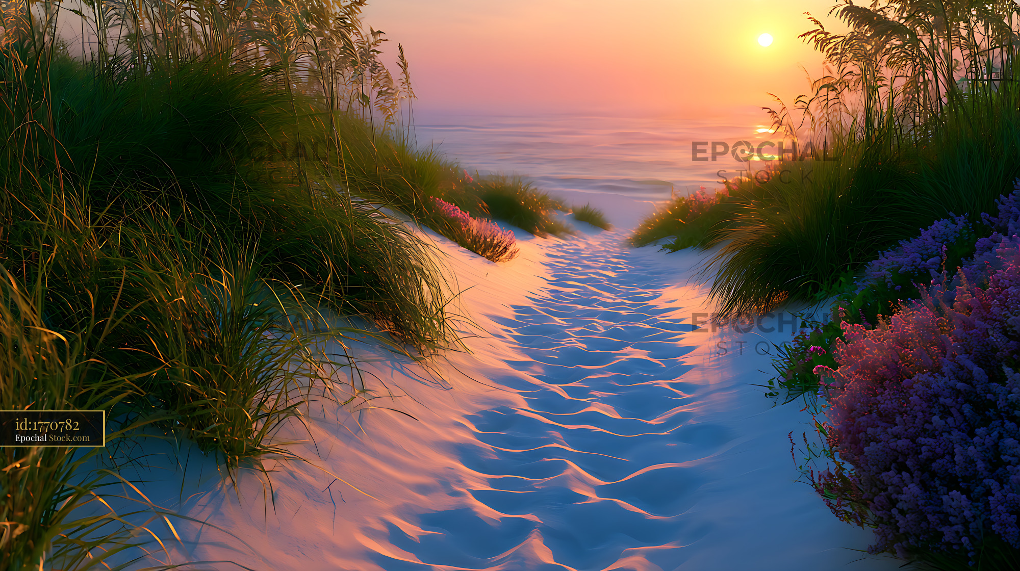 White sand path leading through coastal dunes to the sea at sunset - stock photo