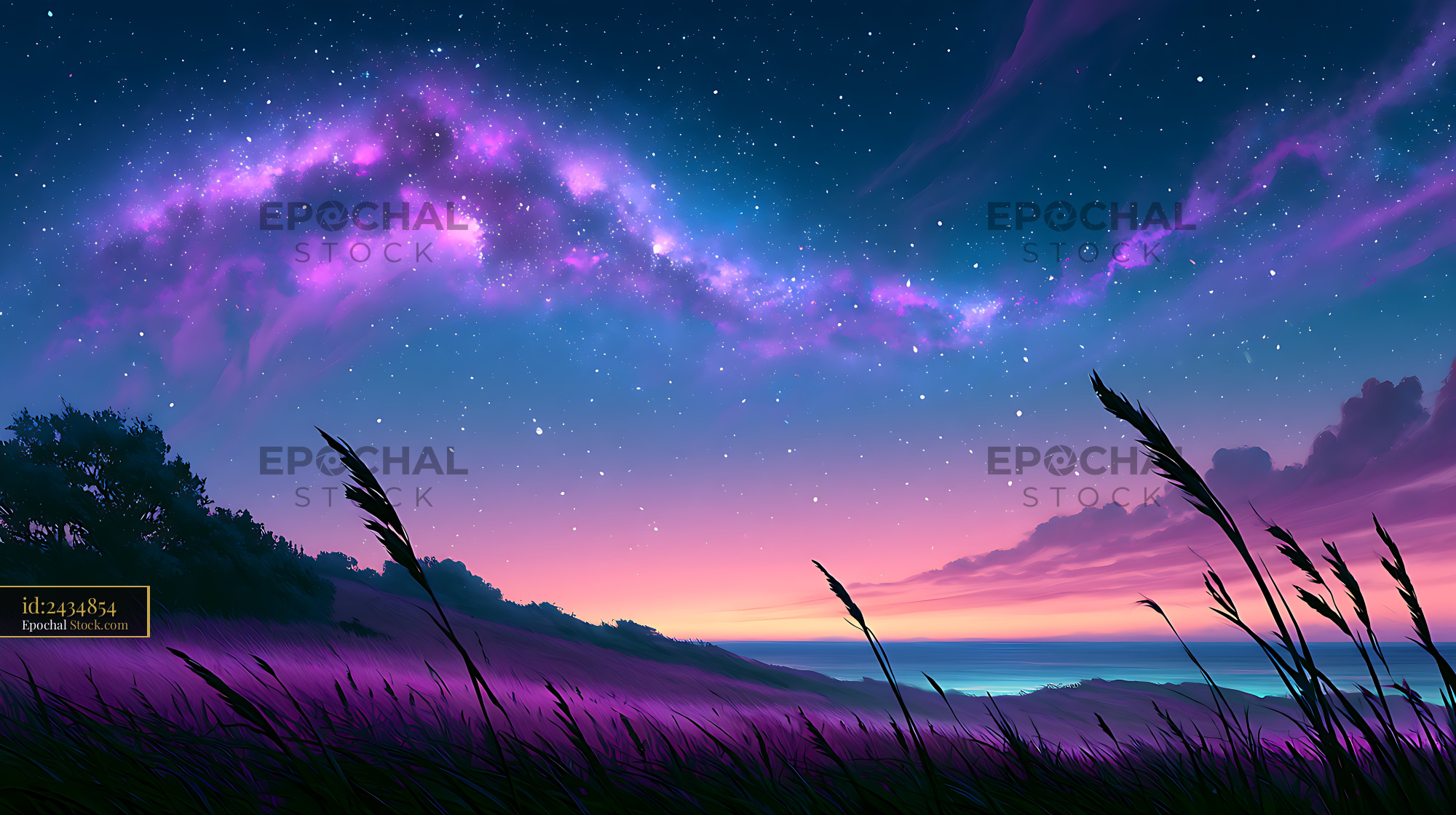 Milky way windswept meadow under a vibrant purple starry sky - stock photo
