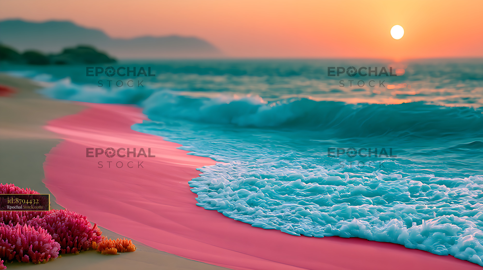 Coral pink sand crescent beach with turquoise waves at sunset