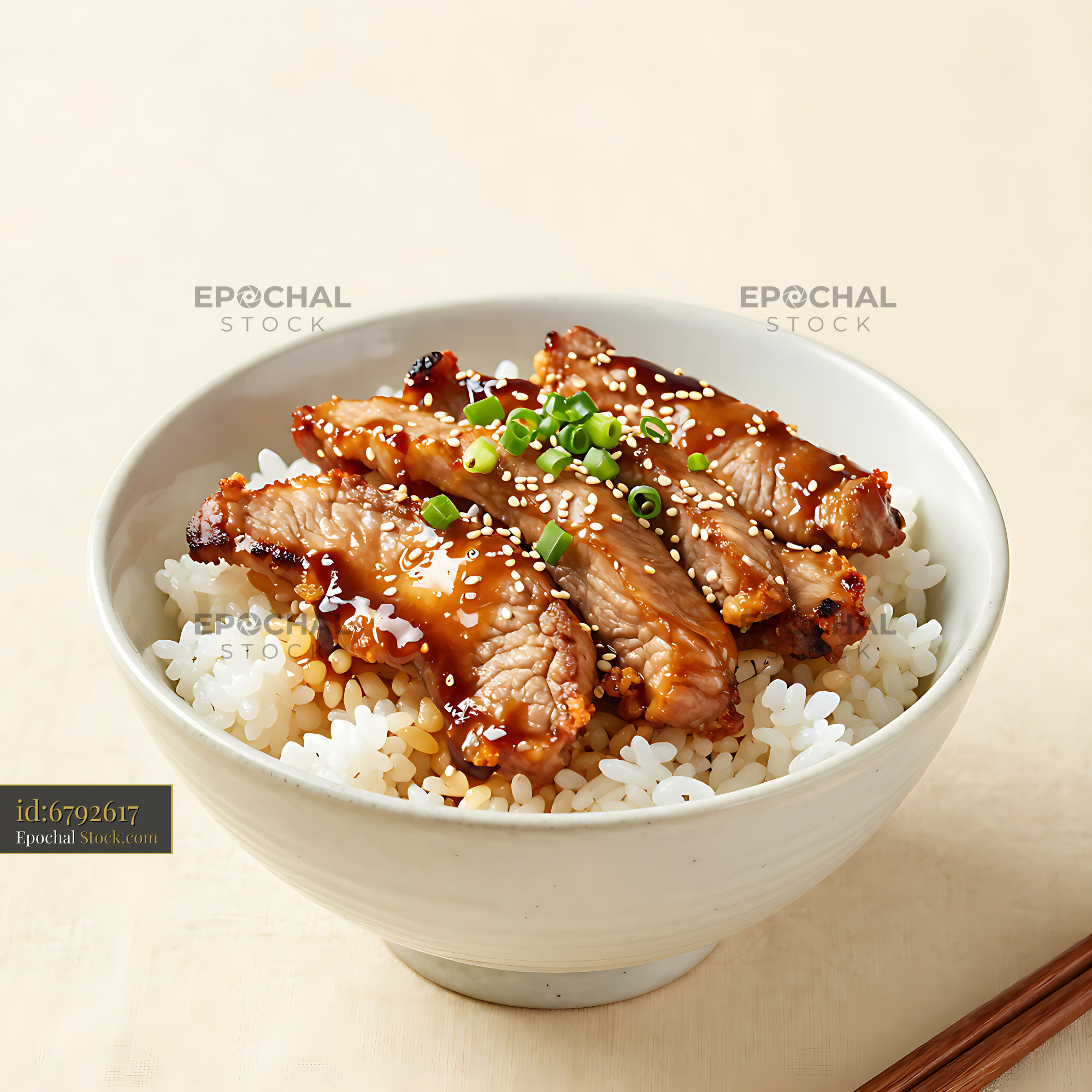 Saitama Buta Miso Don with grilled pork over rice in a ceramic bowl - stock photo