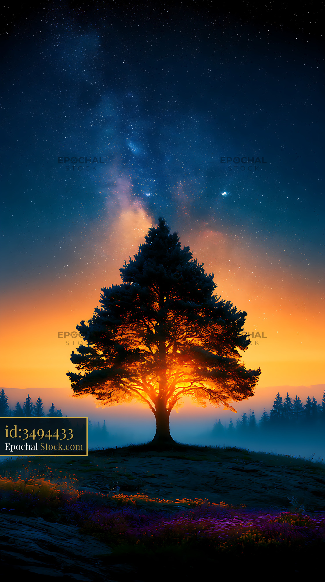 Lone fir tree silhouette under the milky way and galactic core at nigh - stock photo