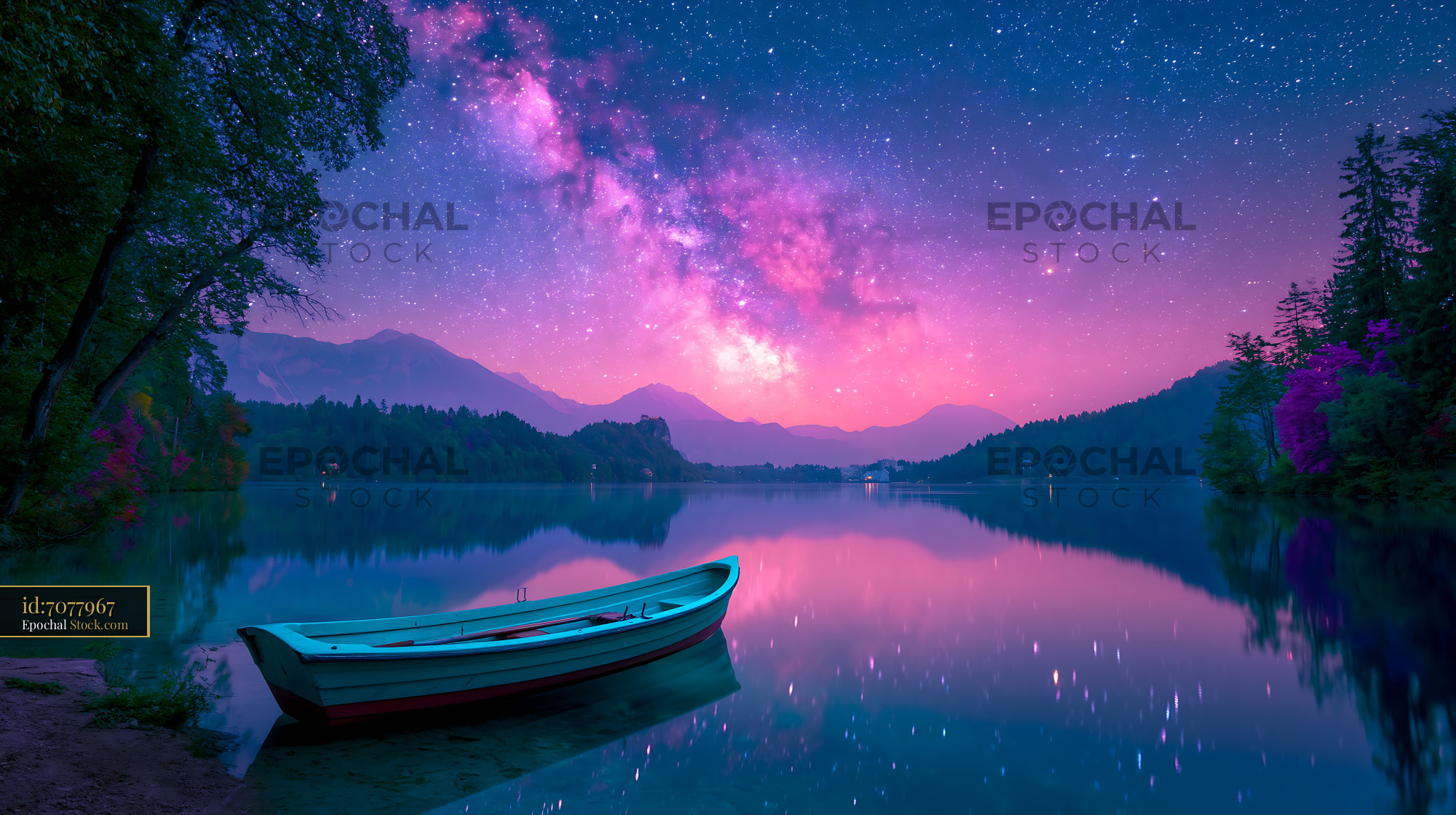 Wooden rowboat on a calm lake under a vibrant purple Milky Way sky - stock photo