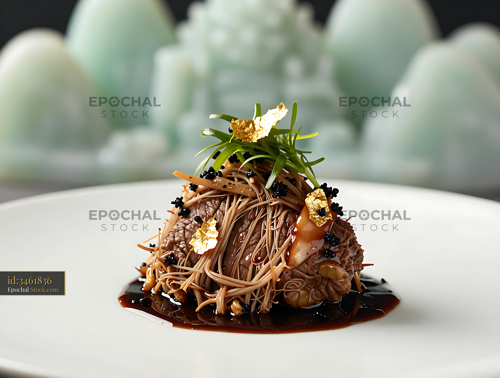 Gourmet slow-cooked beef cheek with black garlic sauce and gold leaf - stock photo