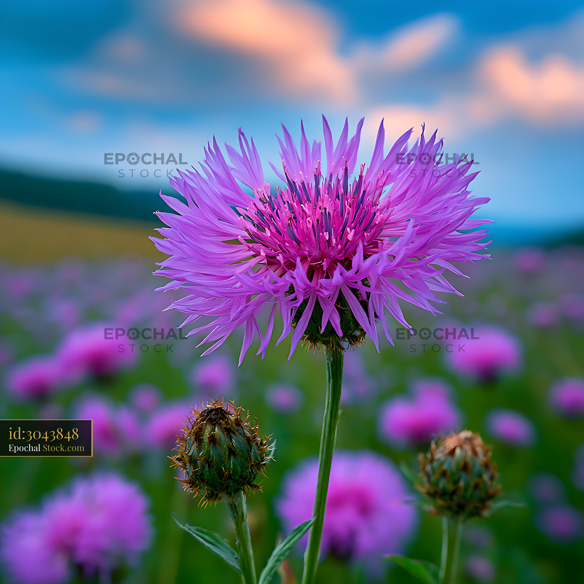 Purple black knapweed flower in a wild meadow at sunset - stock photo