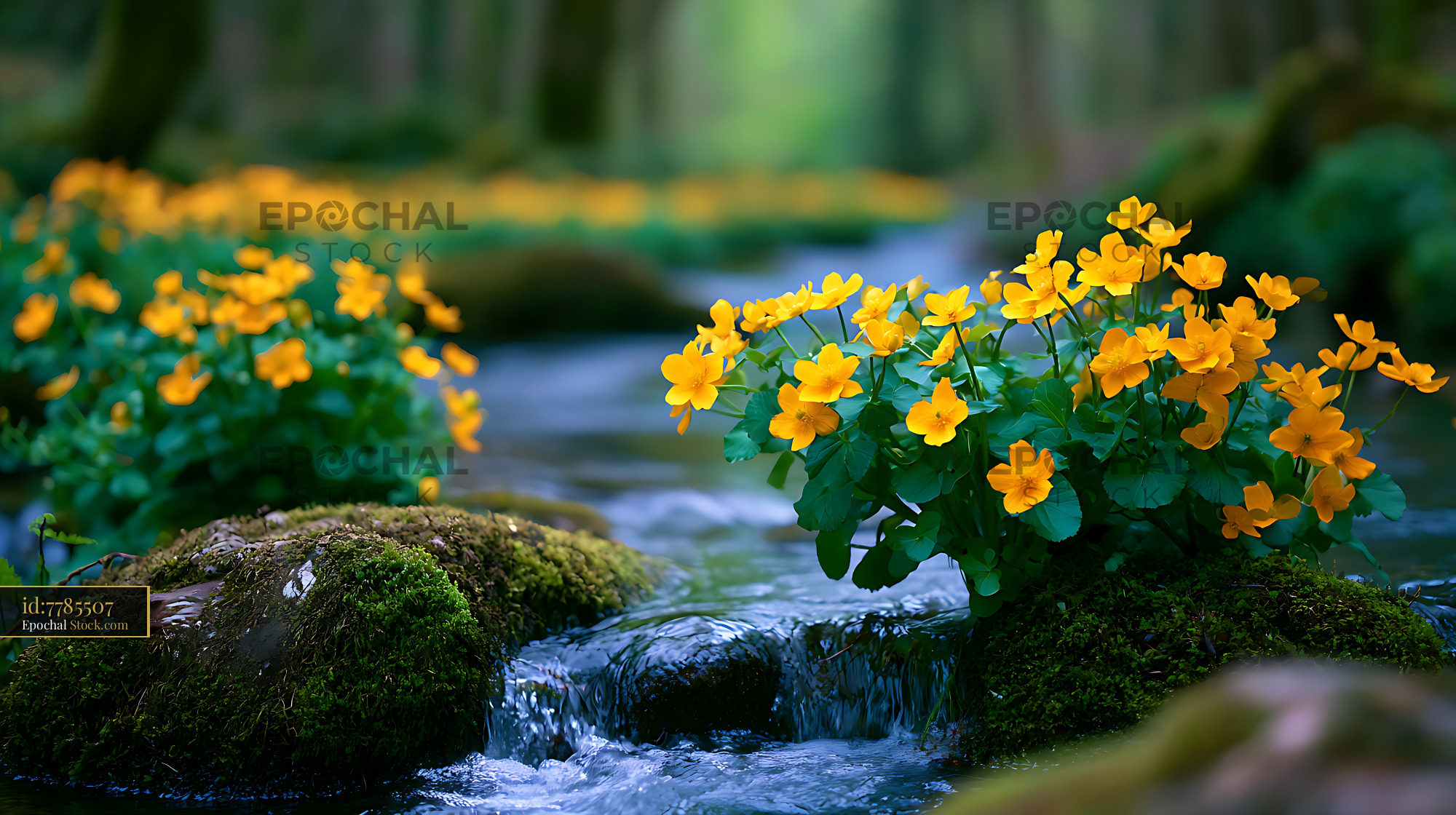 Yellow marsh marigolds blooming beside a clear forest stream in Wales - stock photo