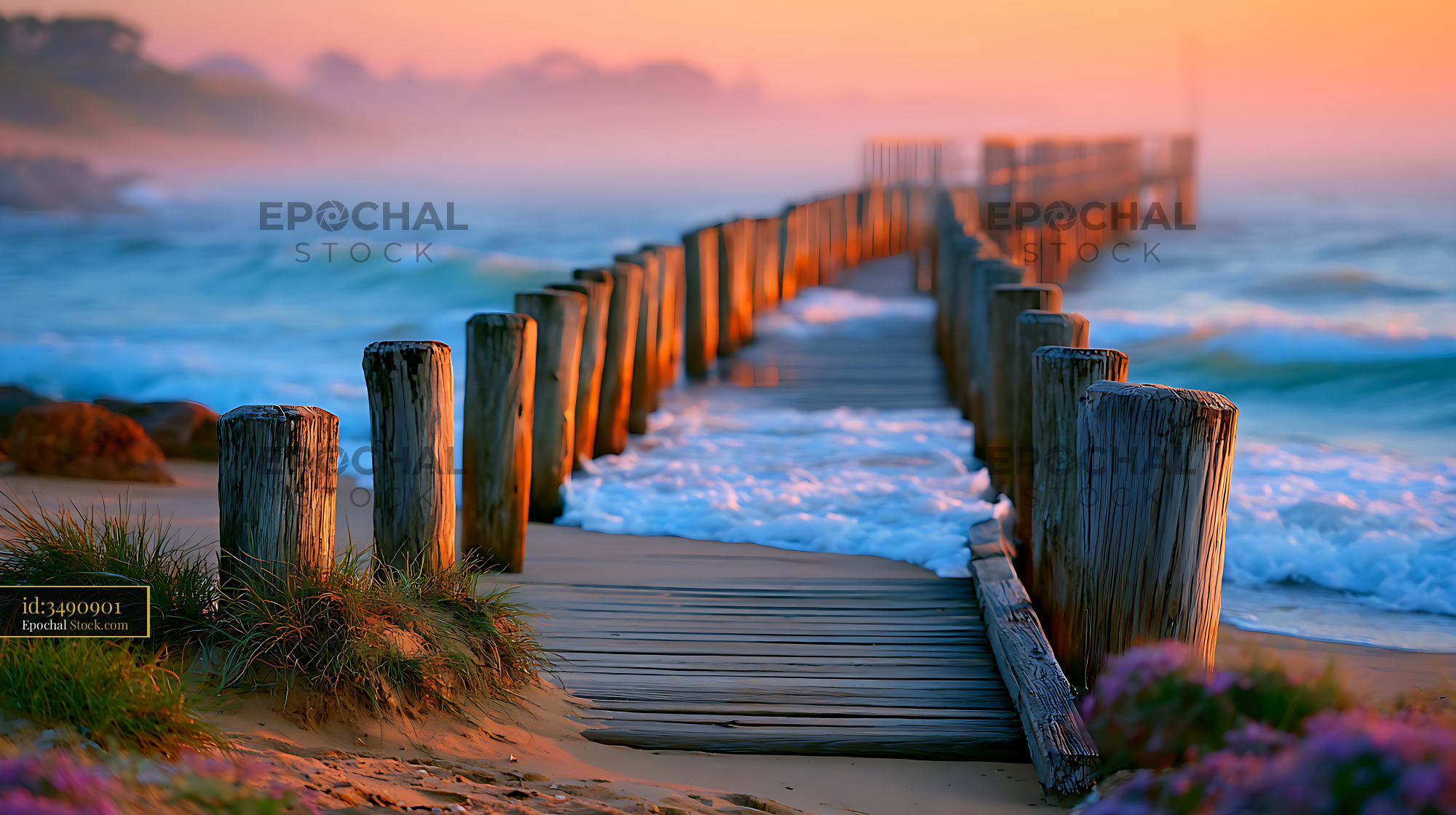 Weathered wooden coastal pier at sunrise with misty ocean waves - stock photo