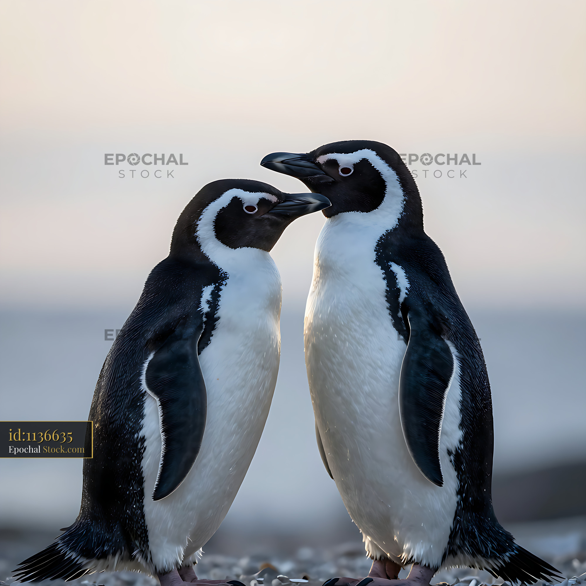 Pair of Magellanic penguins interacting on a beach at sunset - stock photo