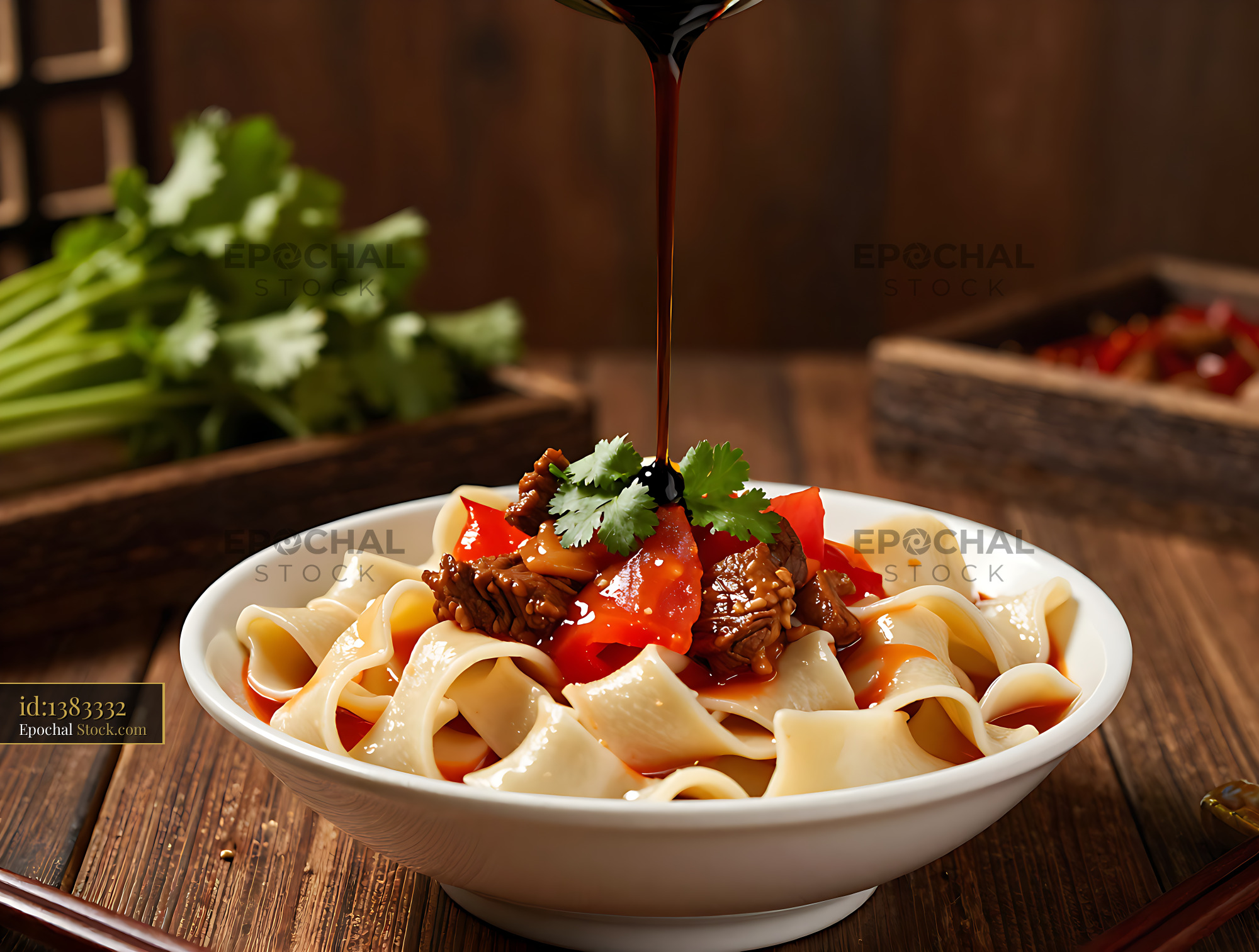 Traditional Shanxi Daoxiao Mian knife-shaved noodles with beef - stock photo