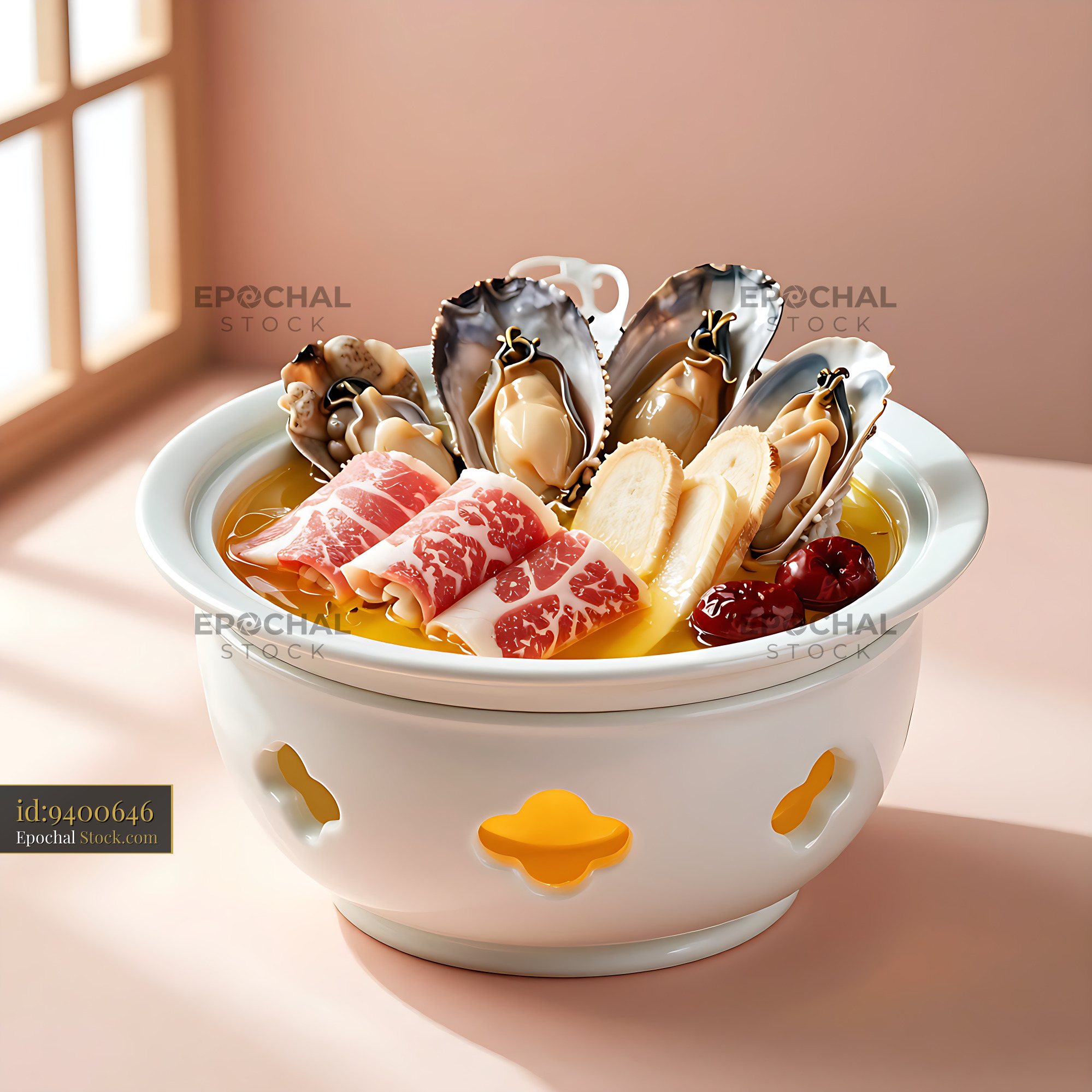 Buddha Jumps Over the Wall with Wagyu beef and seafood in ceramic pot - stock photo