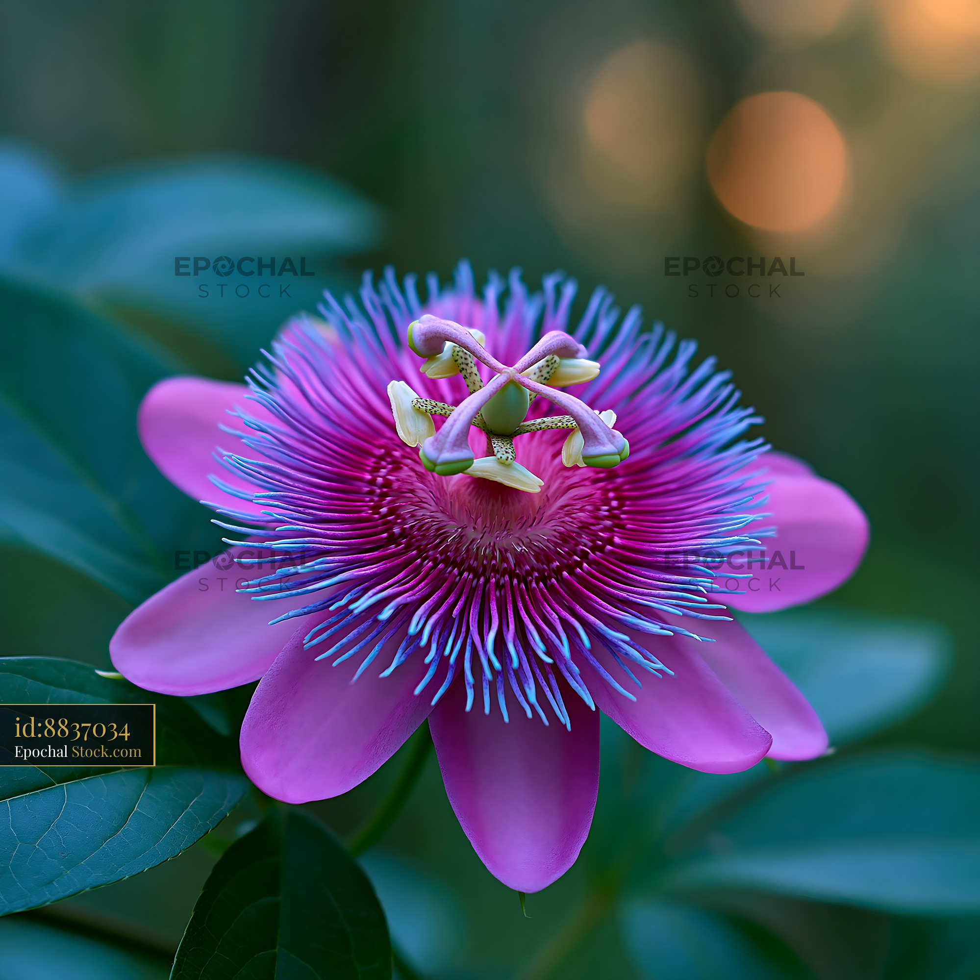 Vibrant purple passion flower blooming in a sunny garden portrait - stock photo