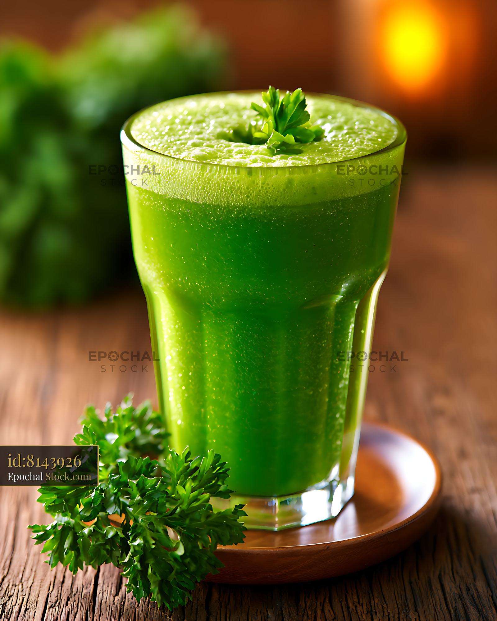 Fresh green juice smoothie with parsley on a rustic wooden table - stock photo