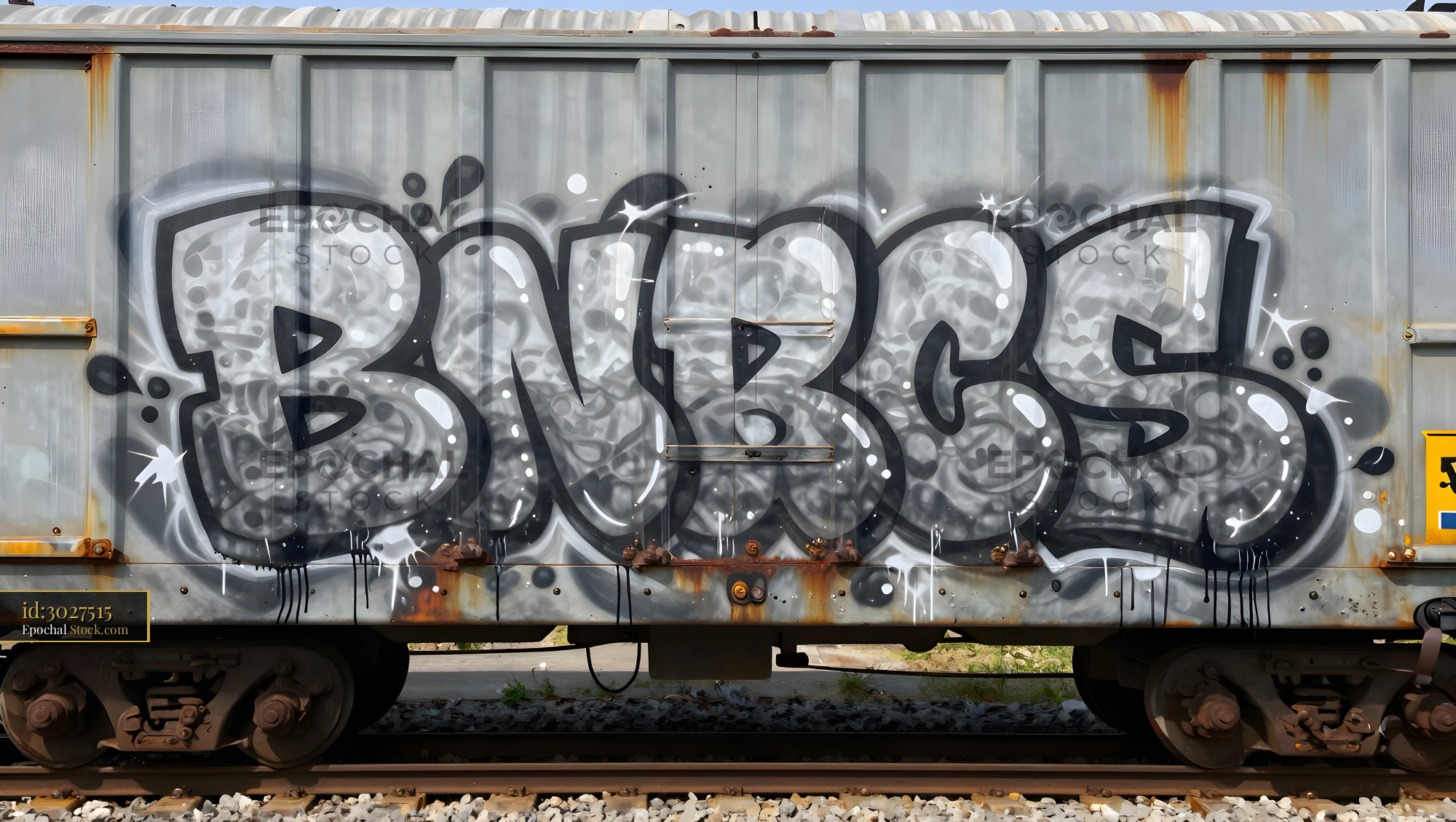 Graffiti on gray train car at railway location Premium Stock Photo - stock photo