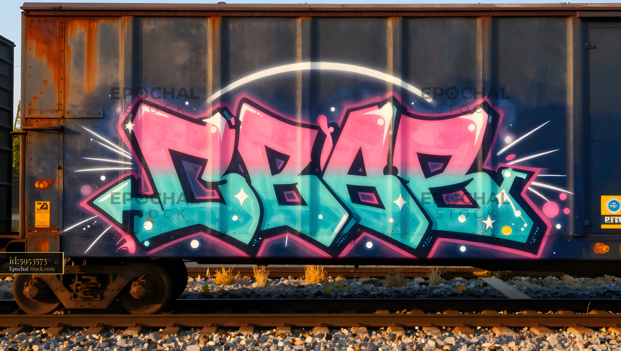 Colorful graffiti on a train car in an outdoor setting Premium Stock Image - stock photo