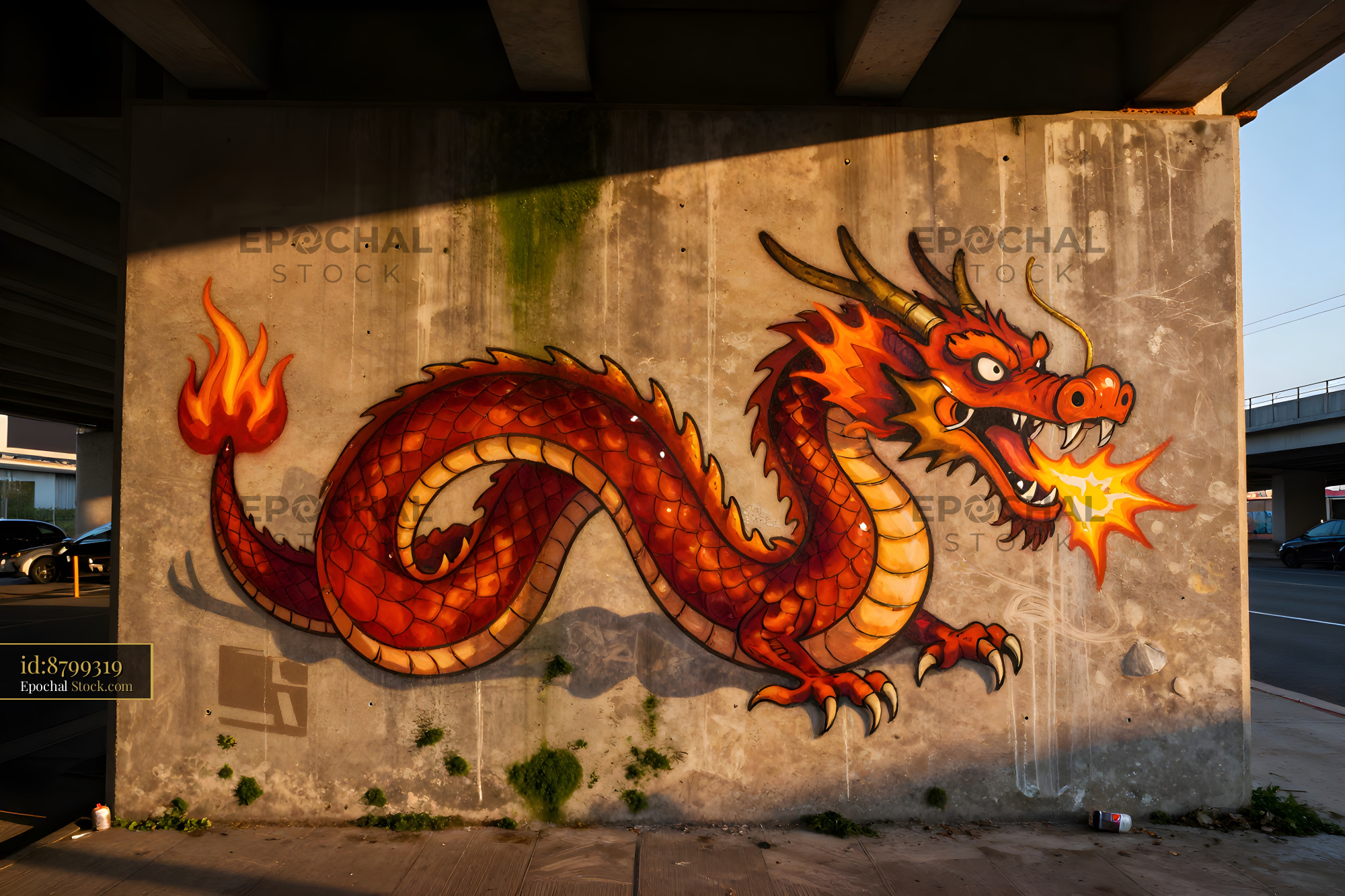 Red dragon mural on urban wall under the bridge Premium Stock Photo - stock photo