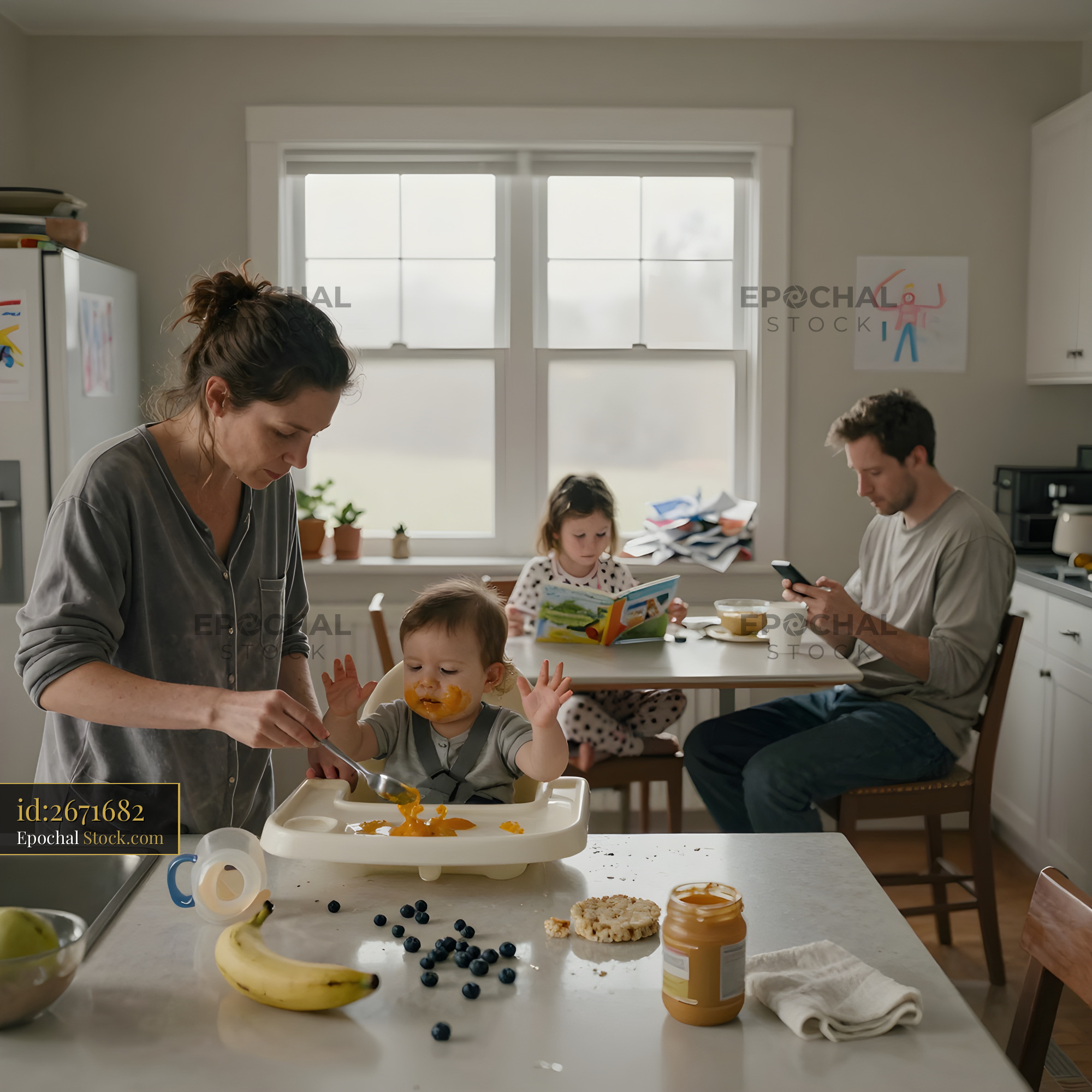 Family interacts during breakfast in a cozy kitchen setting Premium Stock Image - stock photo