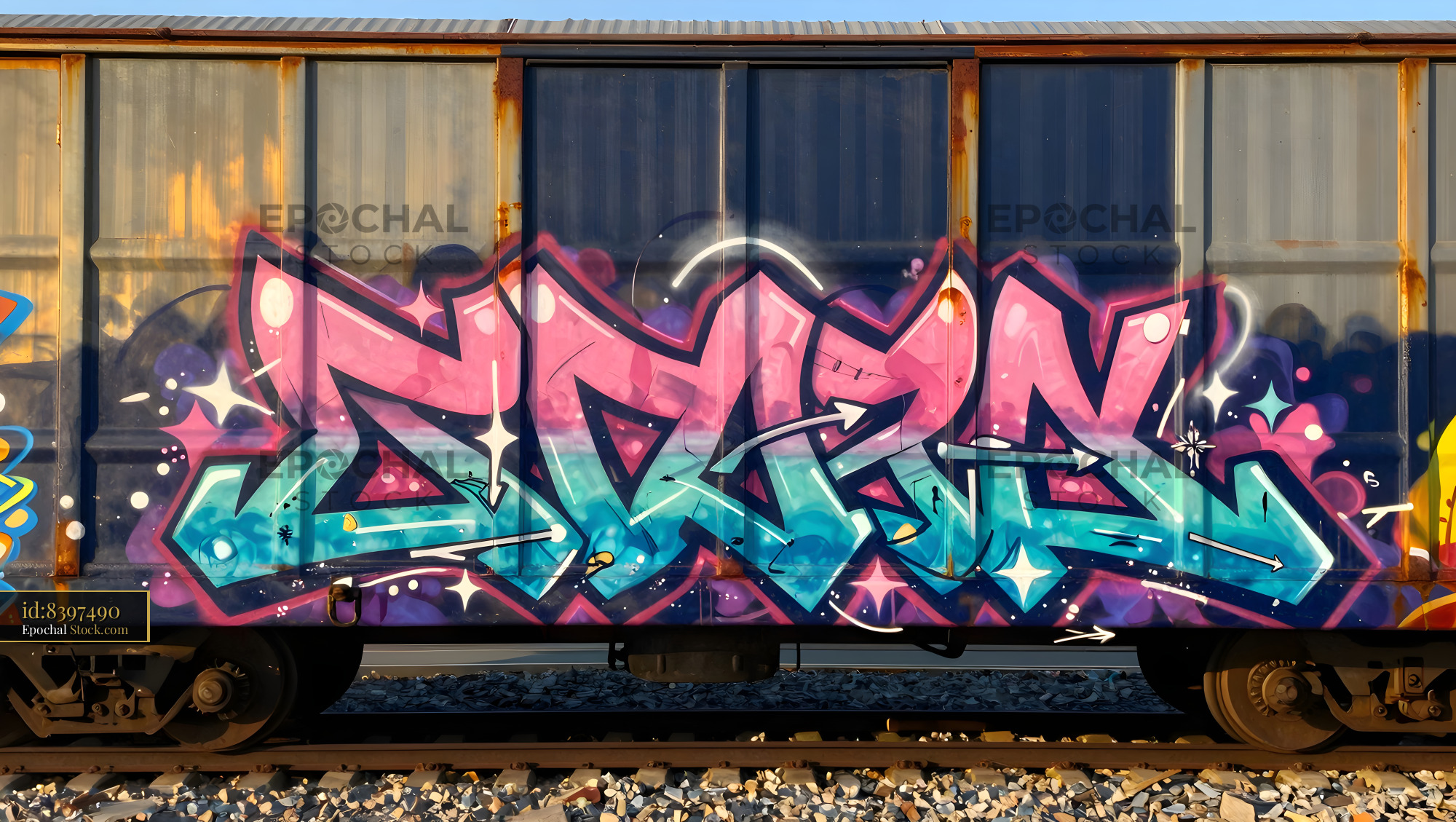 Train car with colorful graffiti in urban area during daylight Premium Stock Image - stock photo