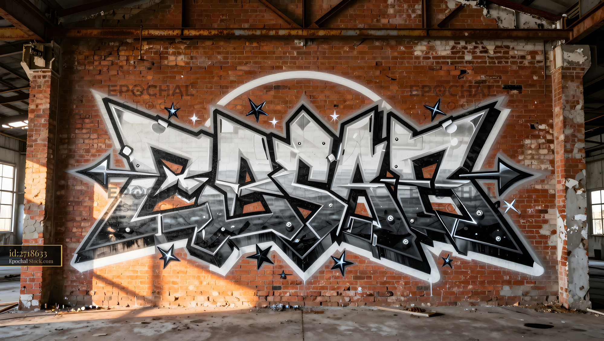 Graffiti art displayed on brick wall inside factory setting Premium Stock Image - stock photo