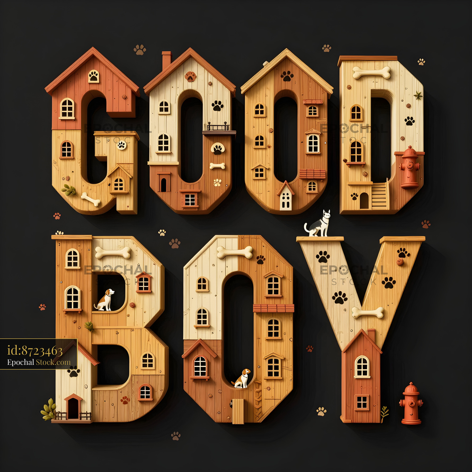 Wooden dog houses spell out good boy in playful design Premium Stock Image - stock photo