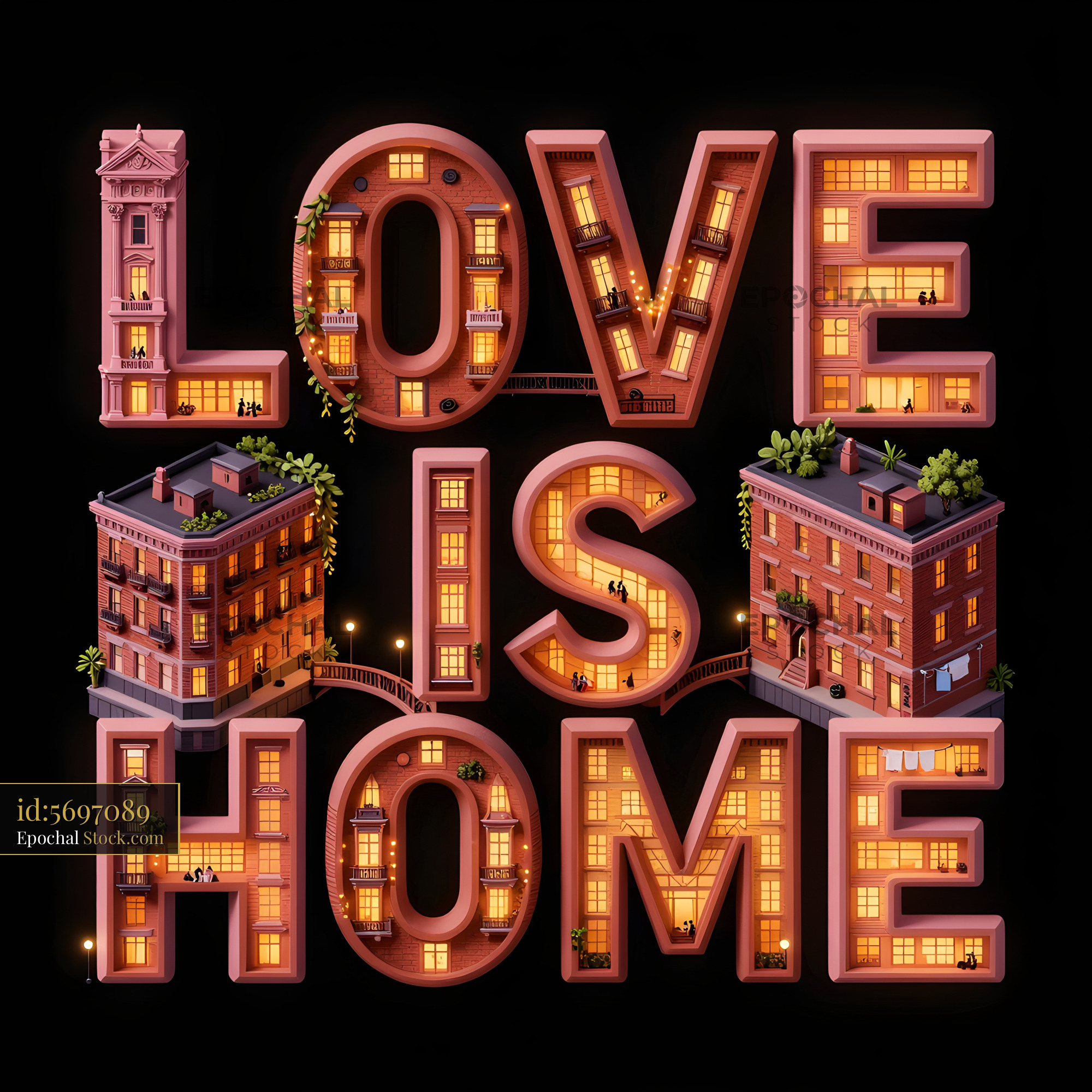 Text art depicts buildings lit warmly with 'love is home.' Premium Stock Image - stock photo