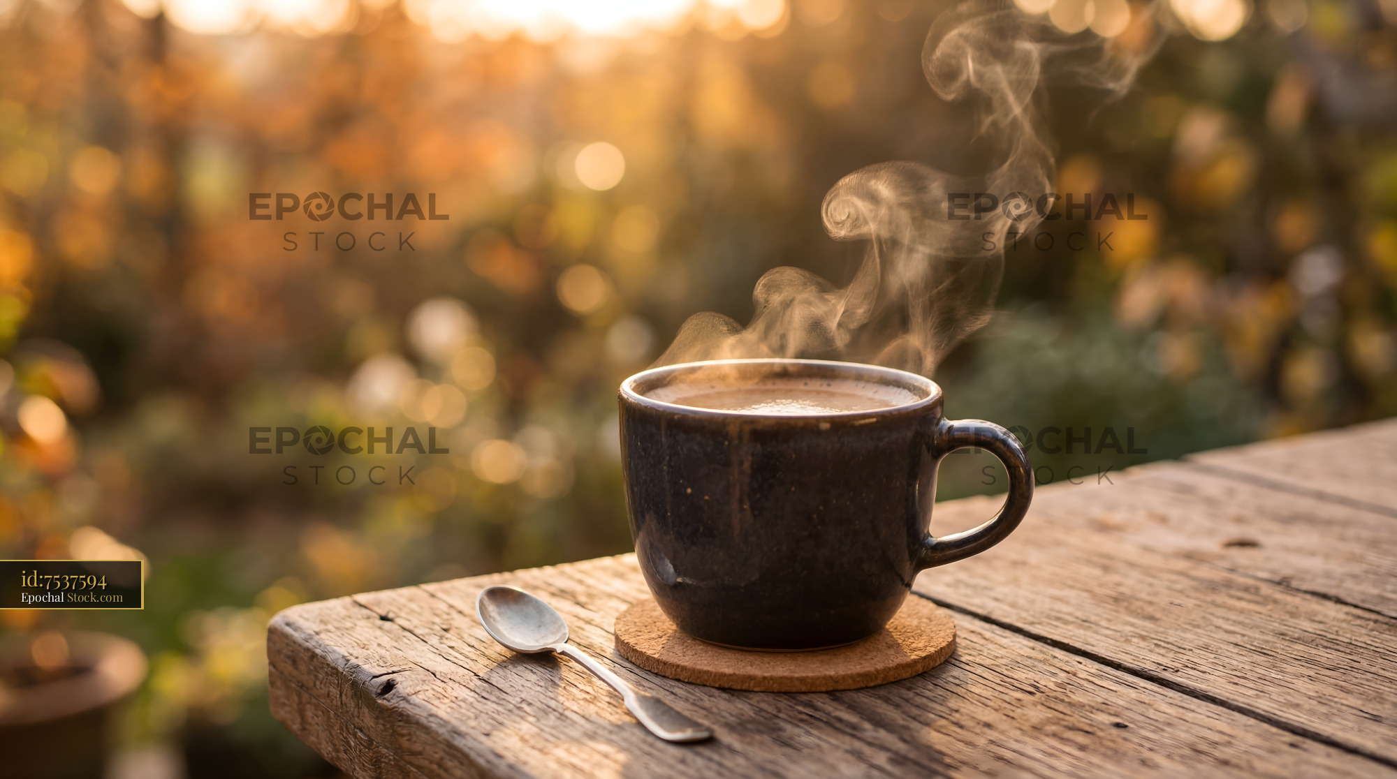 Coffee cup sits on wooden table in warm sunlight during morning Premium Stock Image - stock photo