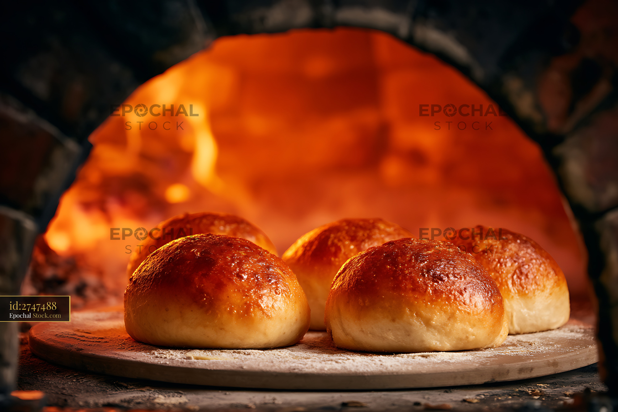 Freshly Baked Bierocks Emerging from Wood-Fired Oven in Warm Golden Light - stock photo