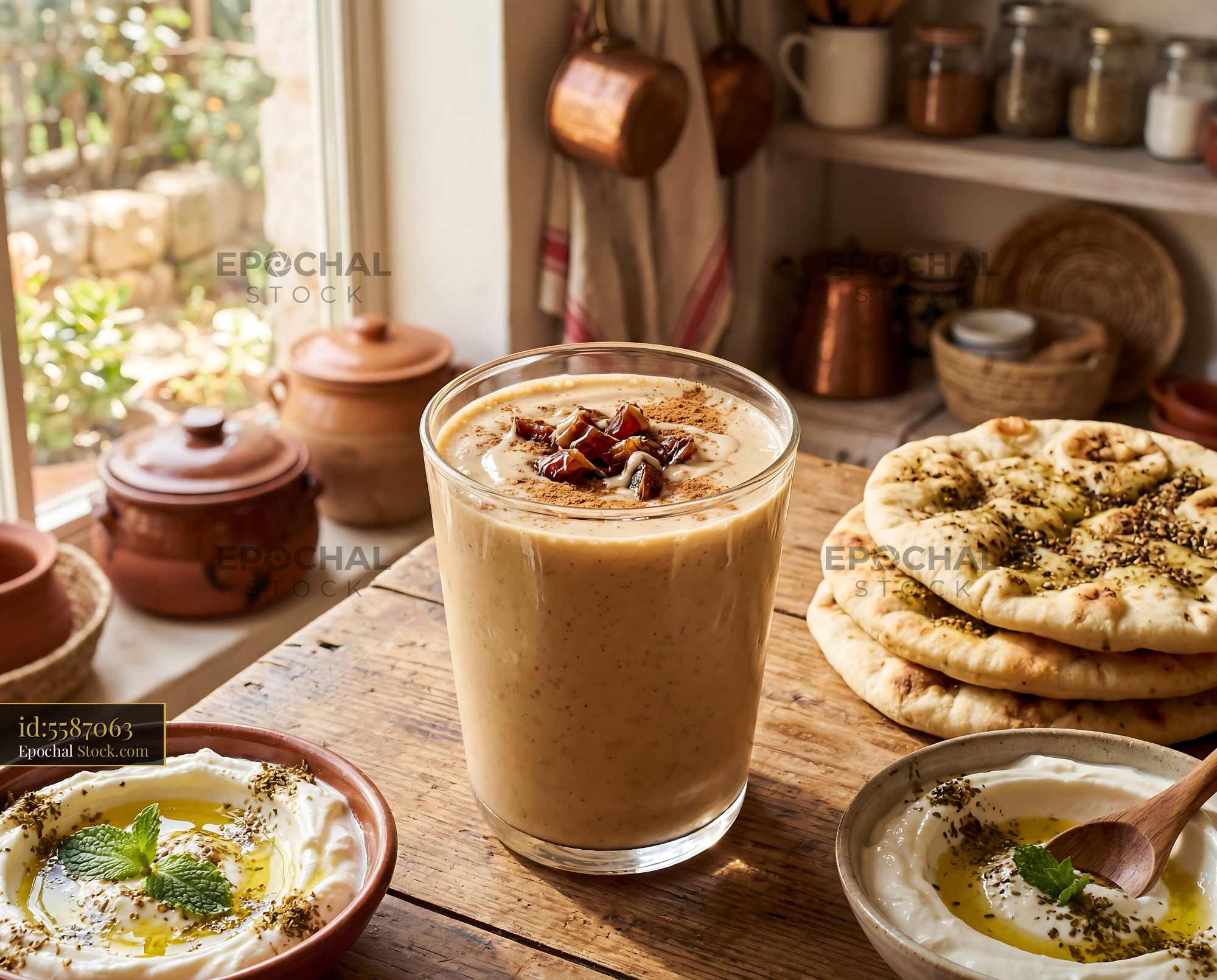Creamy Tahini Date Shake Breakfast Spread - stock photo